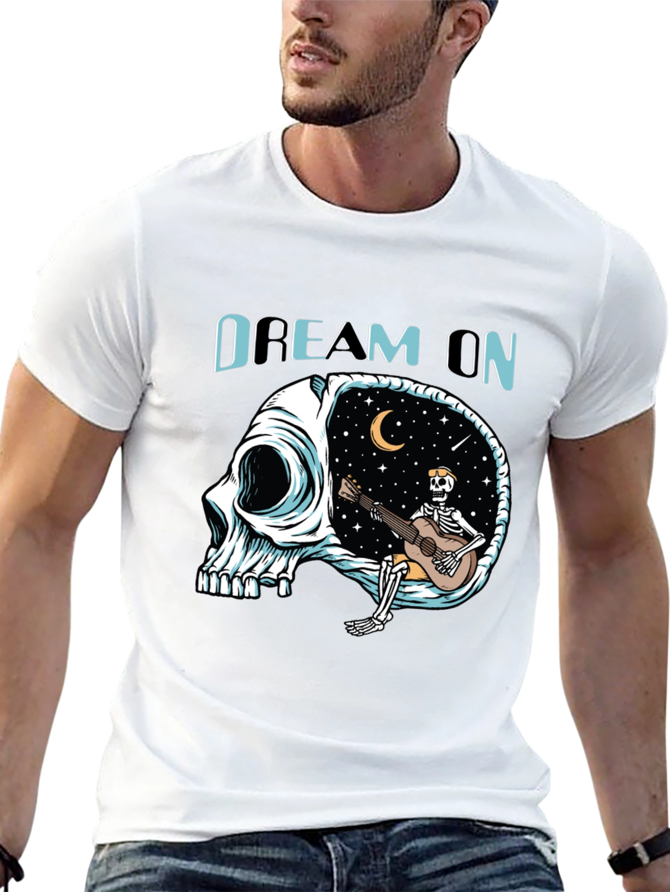 Black Dream On Skull Graphic Tee - Unique Black T-Shirt view 13