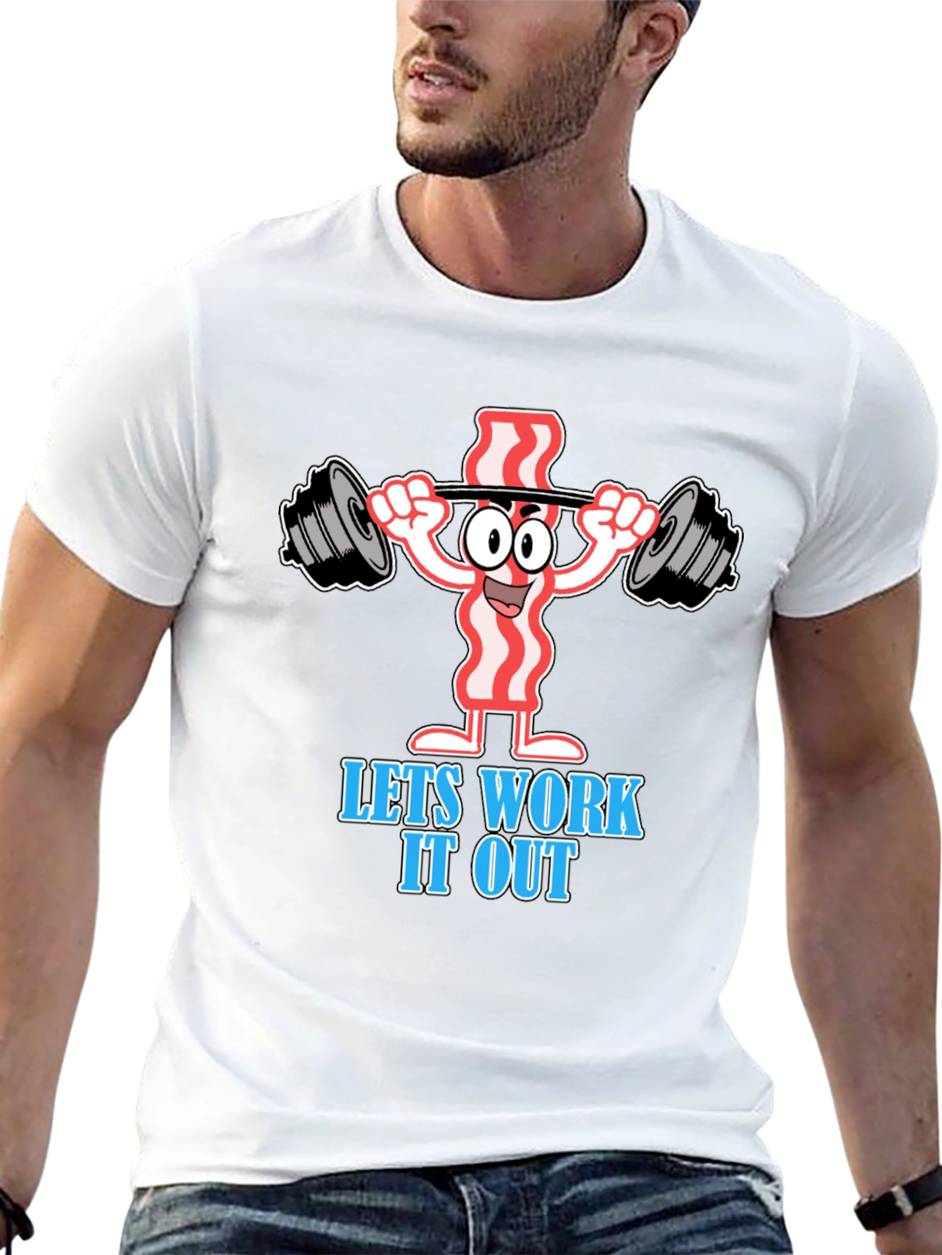 Black Funny Bacon Workout T-Shirt: Let's Work It Out! view 13