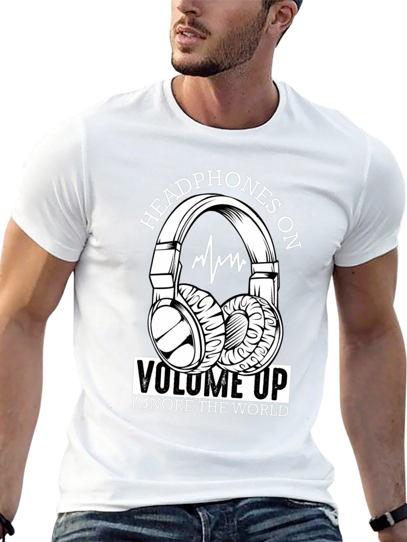 Black Headphones On Volume Up Black T-Shirt view 13