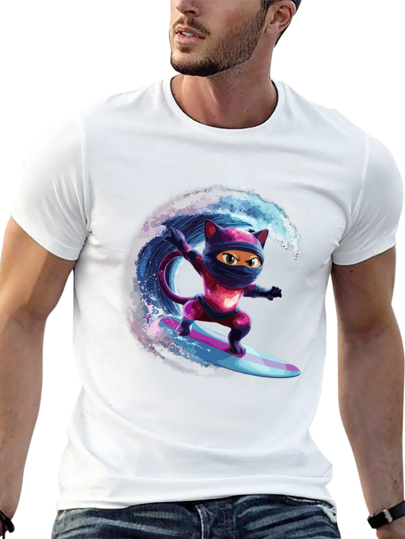 Black Ninja Cat Surfing T-Shirt - Cool Graphic Tee view 13