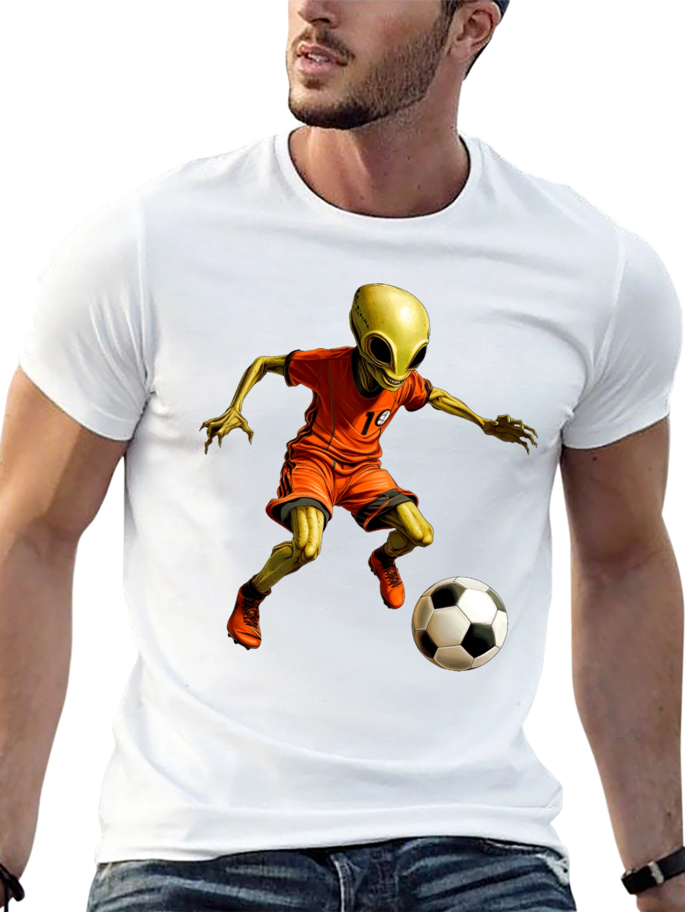 Black Alien Soccer T-Shirt - Galactic Goals! view 13