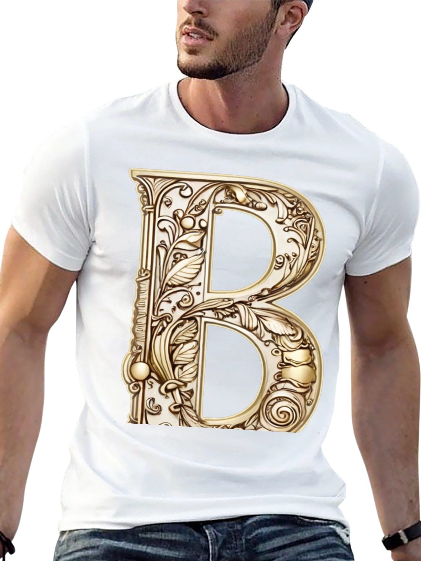 Black Ornate Initial B Graphic Tee - Black Cotton Blend view 13