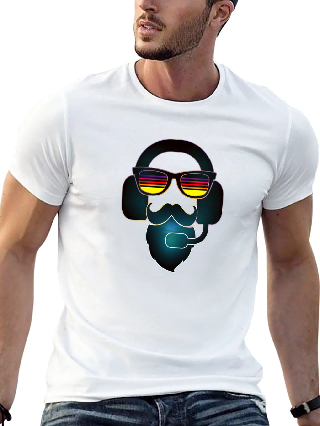 Black Retro Gamer T-Shirt - Headset, Beard, Sunglasses view 13