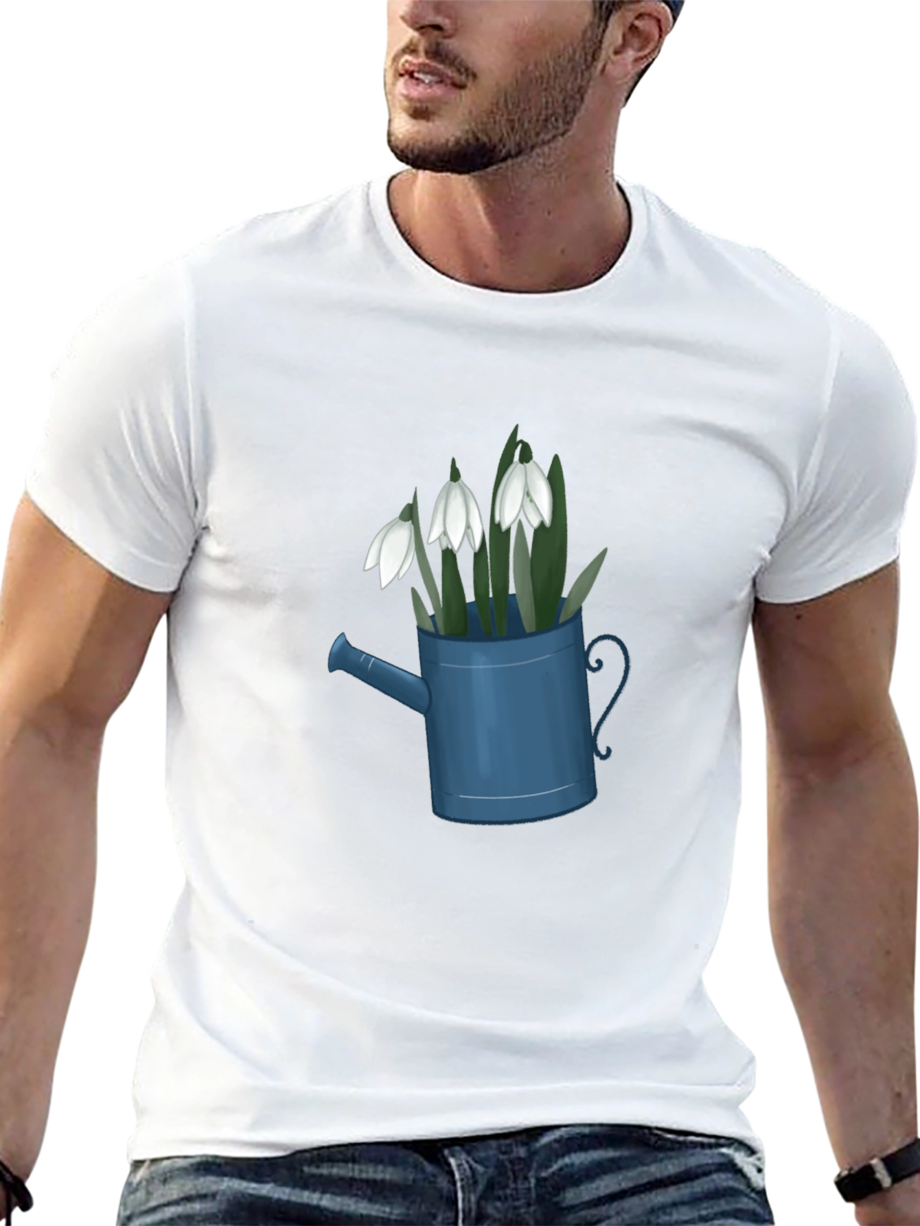 Black Snowdrop Flowers in Watering Can Black T-Shirt view 13