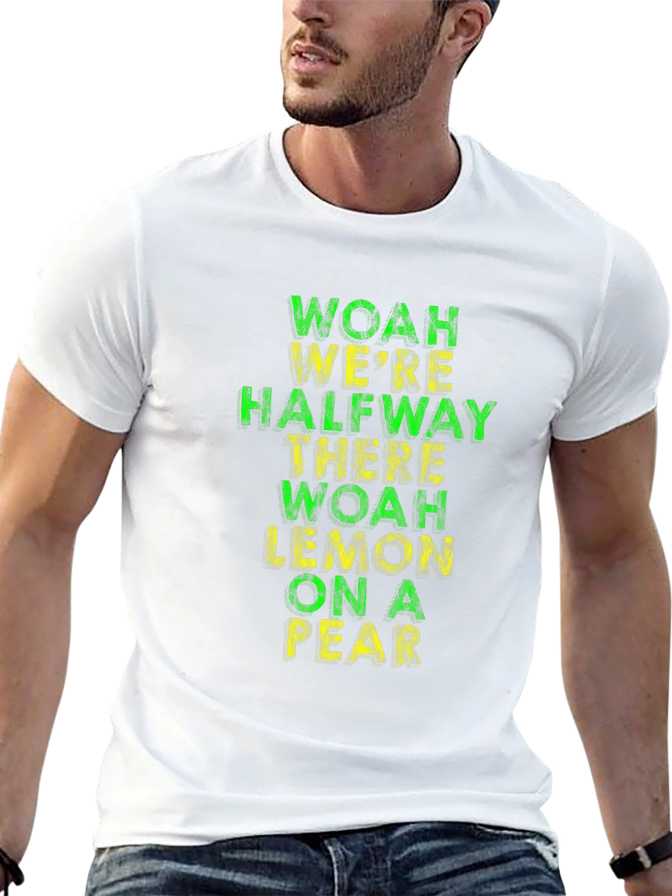 Black Funny T-Shirt: Woah We're Halfway There Lemon On A Pear view 13