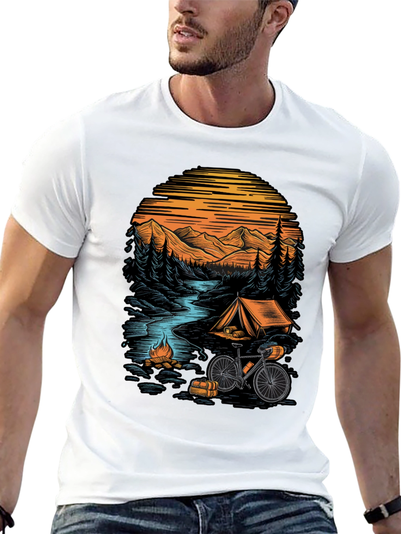 Black Adventure Camping T-Shirt - Mountain & Bicycle Design view 13