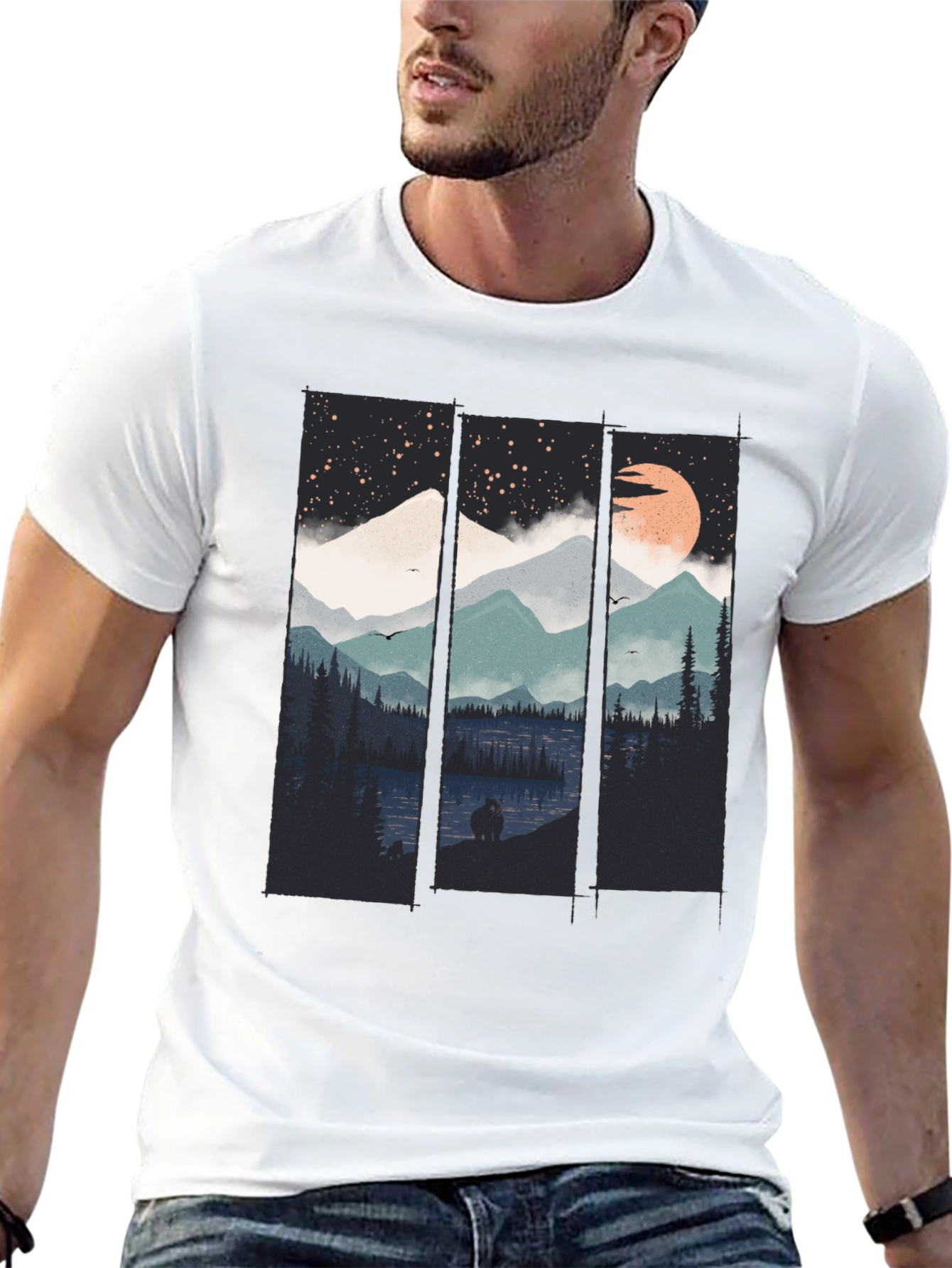 Night Sky Mountain Graphic Tee - Soft Black Cotton T-Shirt - 13