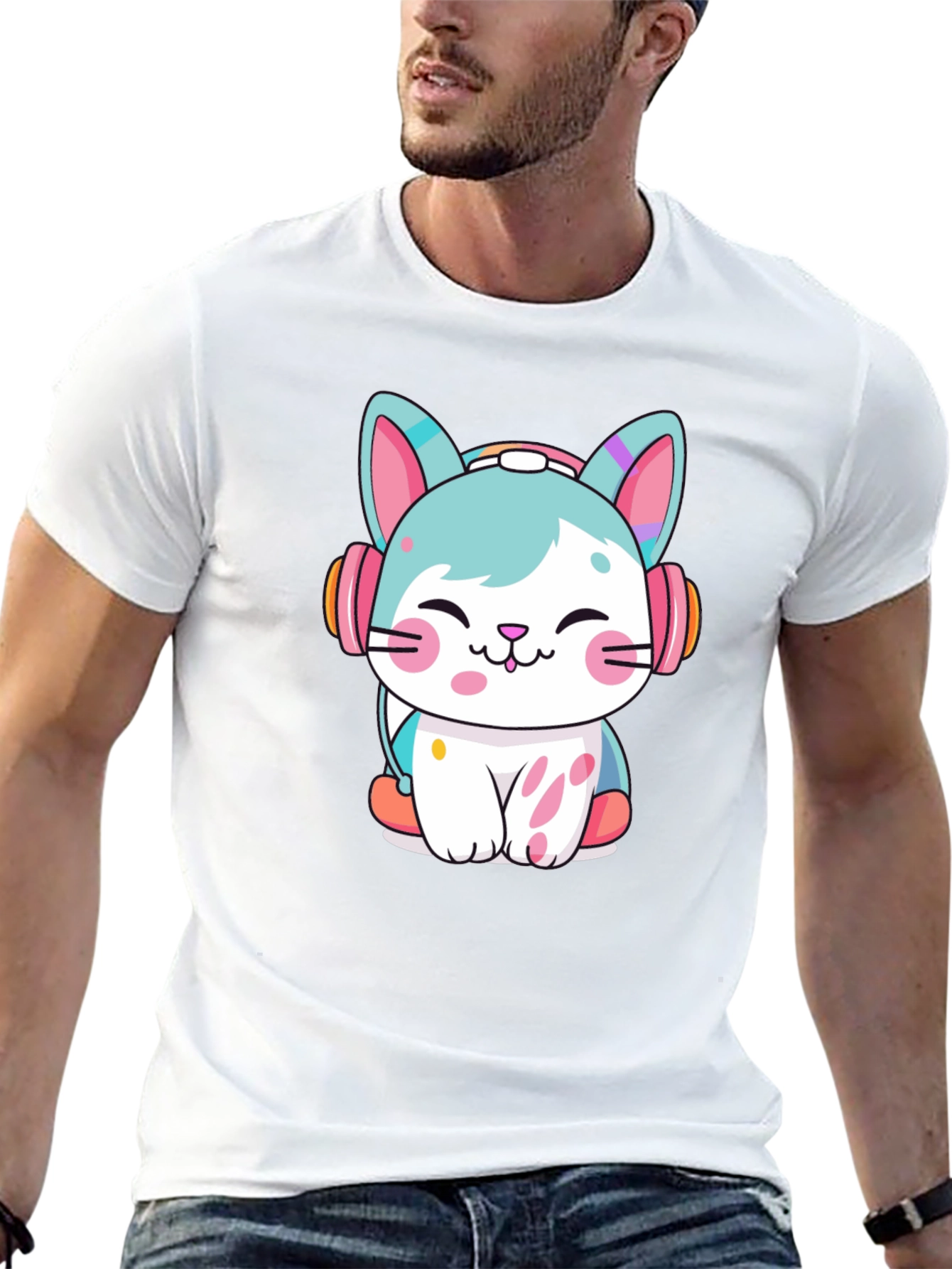 Black Cute Cat with Headphones Graphic Tee view 13