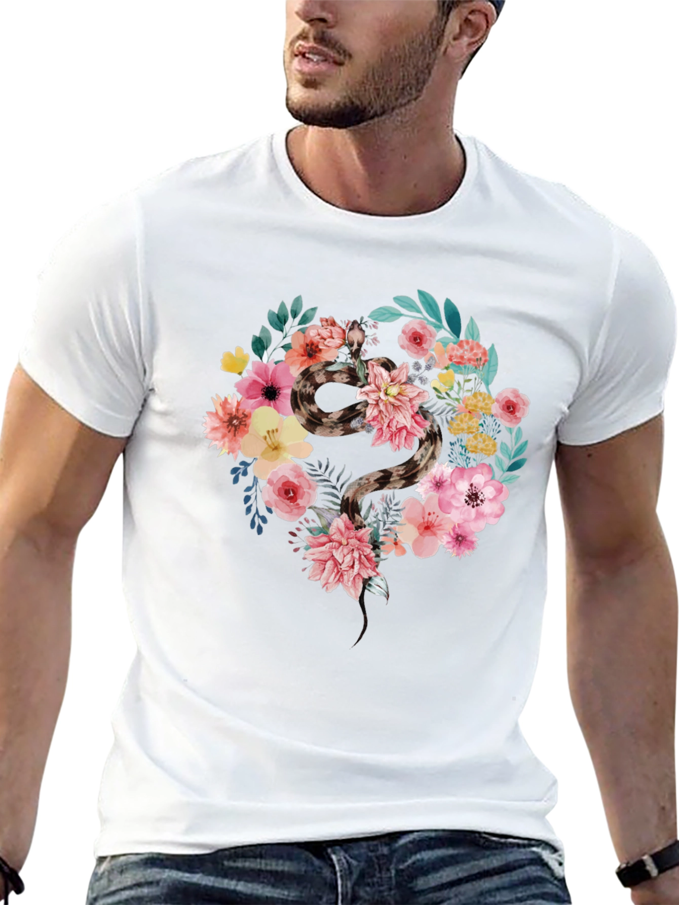 Black Floral Snake Graphic Tee - Unisex Cotton Blend Shirt view 13