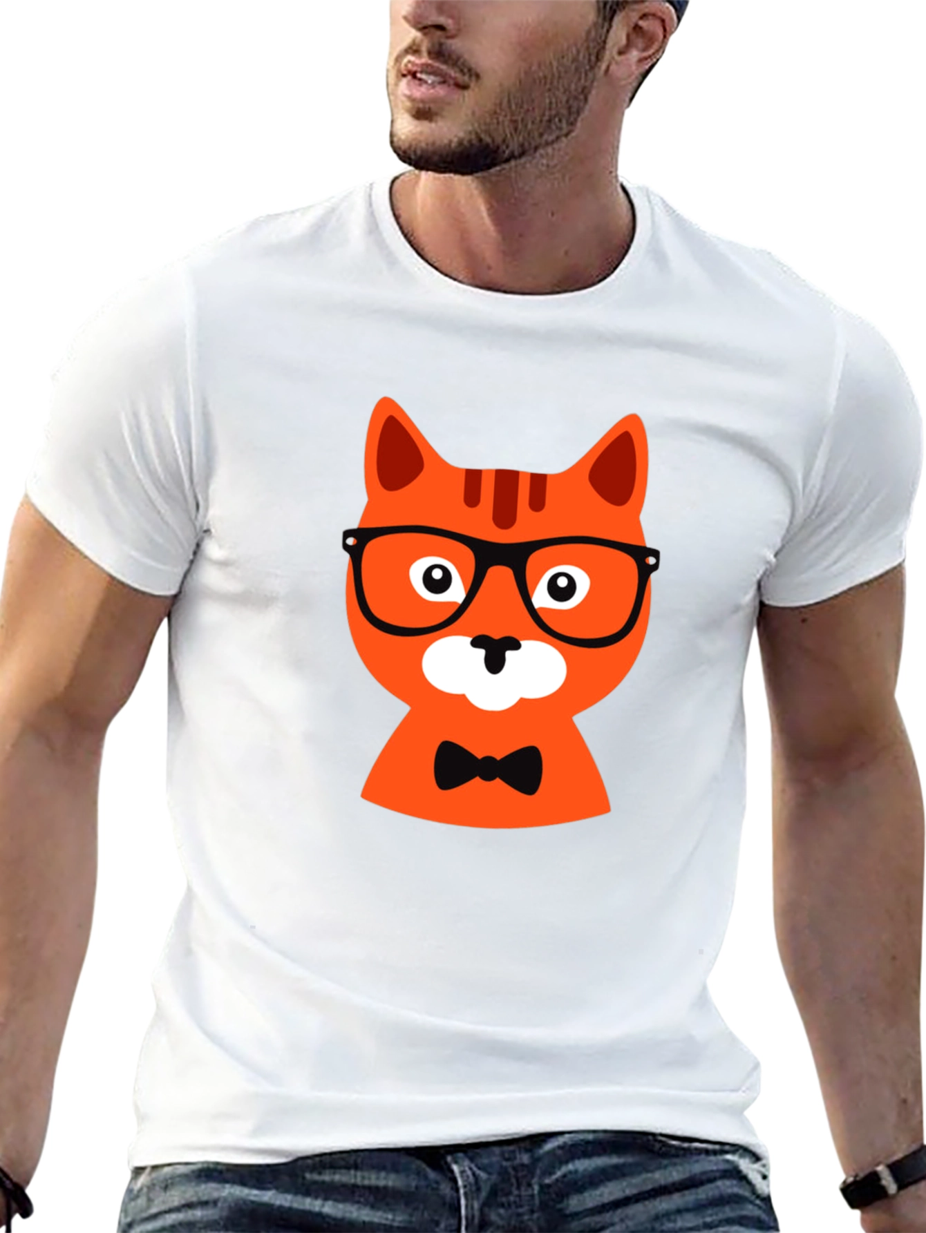 Black Black T-Shirt with Hipster Cat Graphic view 13