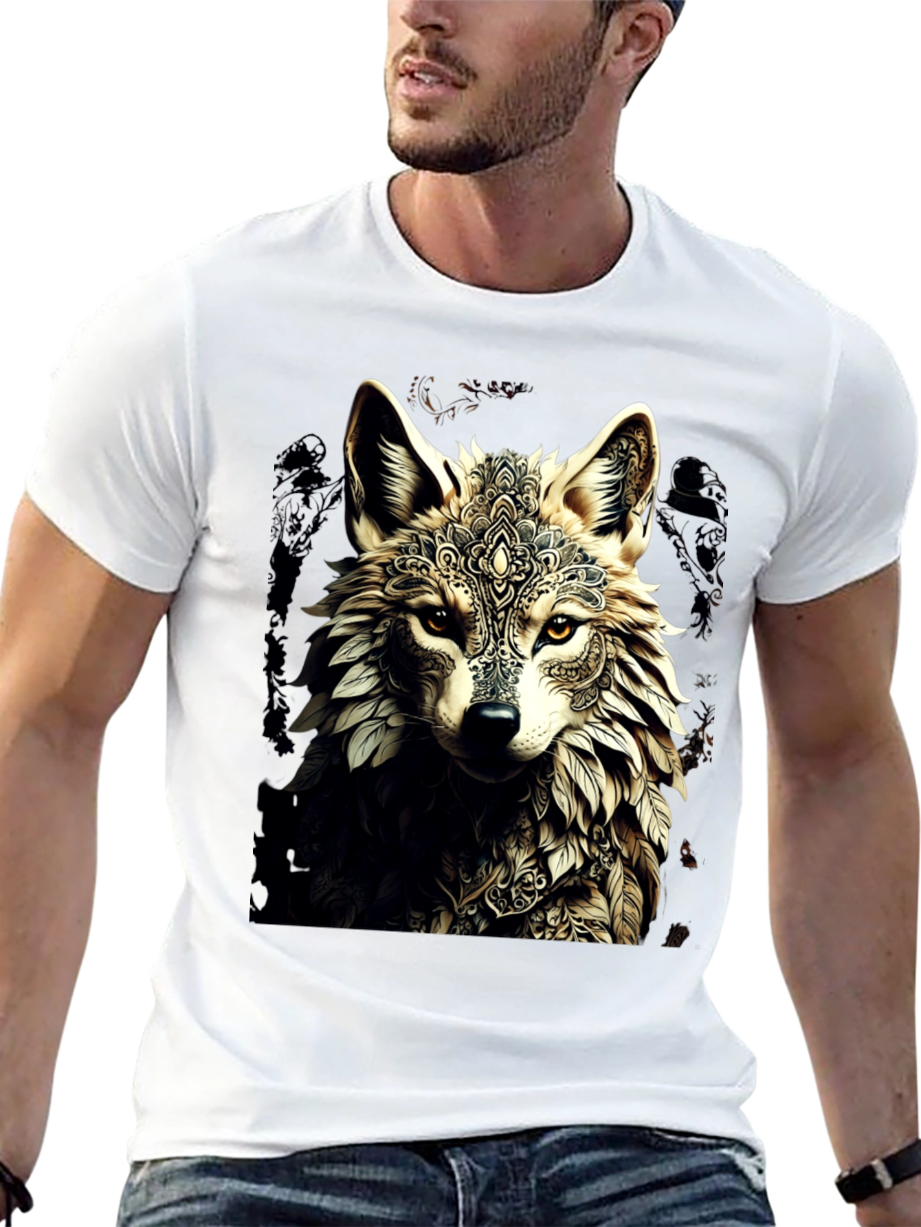 Black Wolf Mandala Graphic Tee - Stylish Black T-Shirt view 13