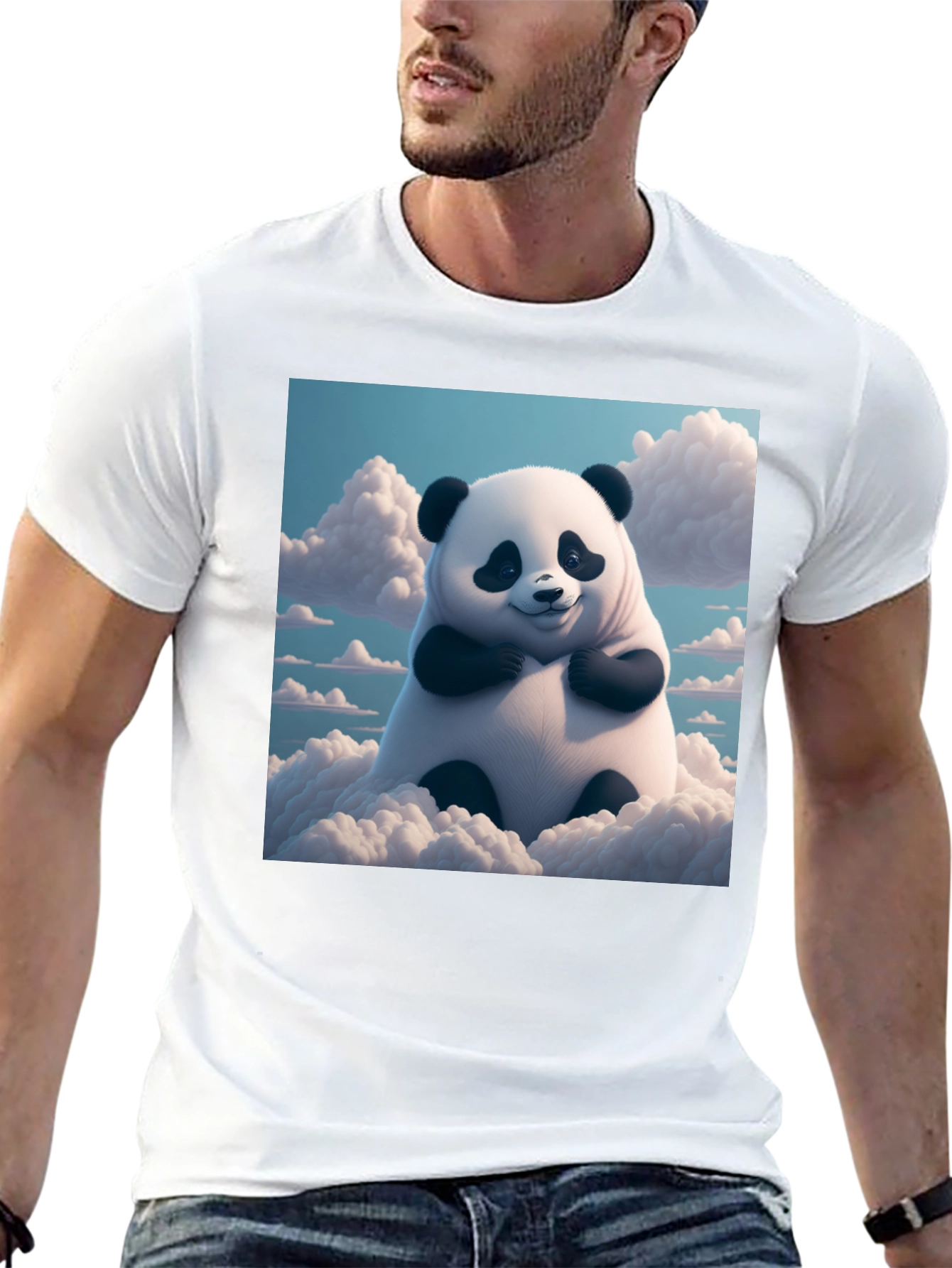 Black Cute Panda in Clouds Graphic Tee - Black Cotton T-Shirt view 13