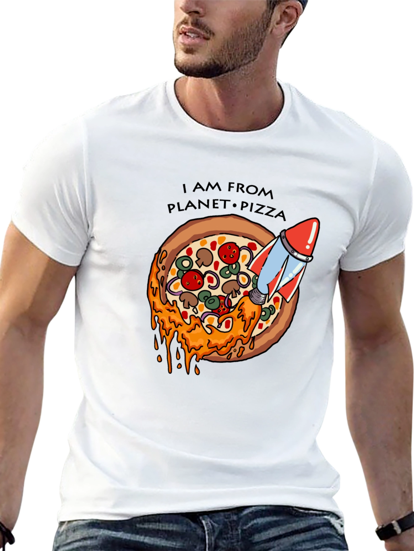 Black Planet Pizza T-Shirt - Rocket Launch Design view 13
