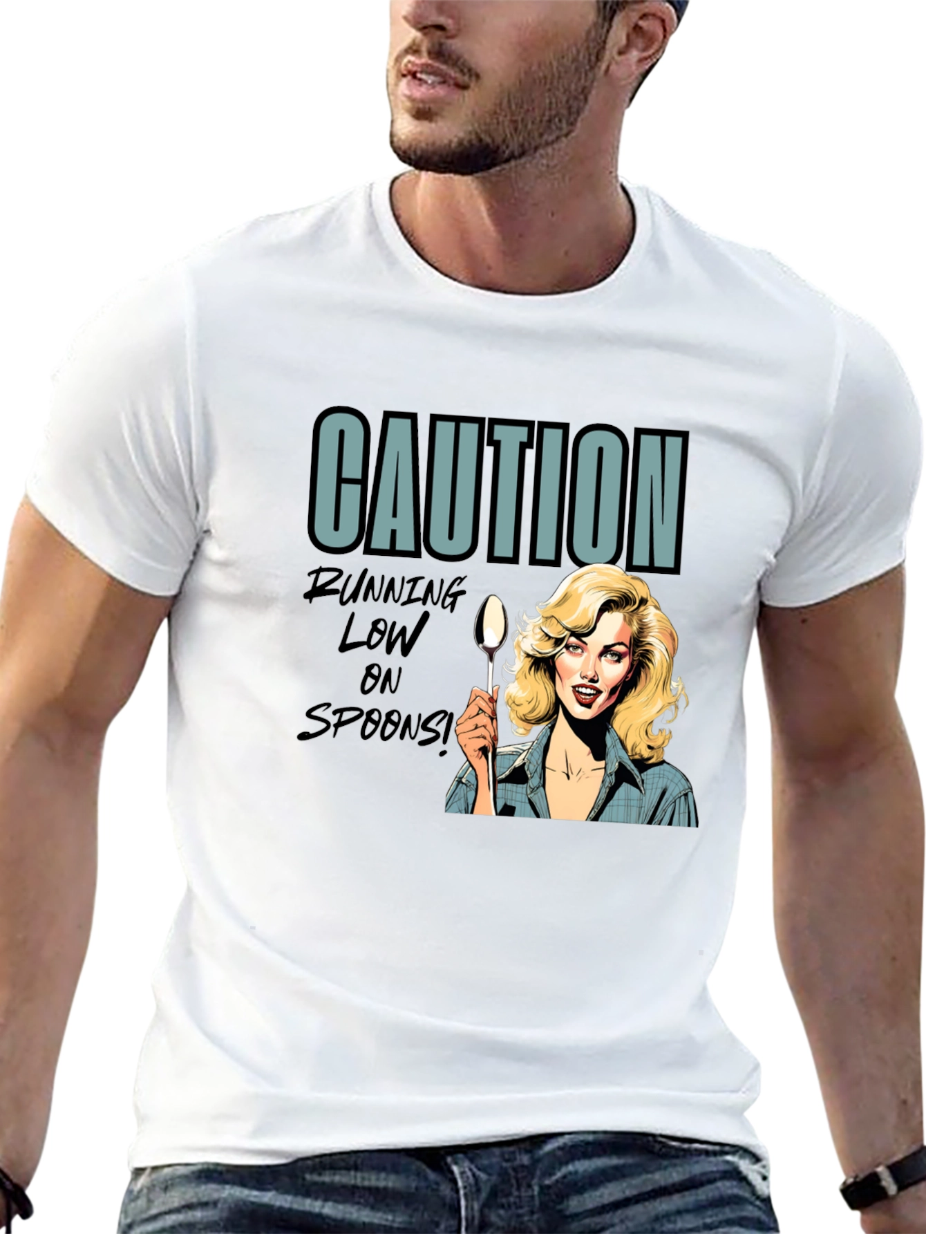 Black Caution Running Low On Spoons T-Shirt view 13