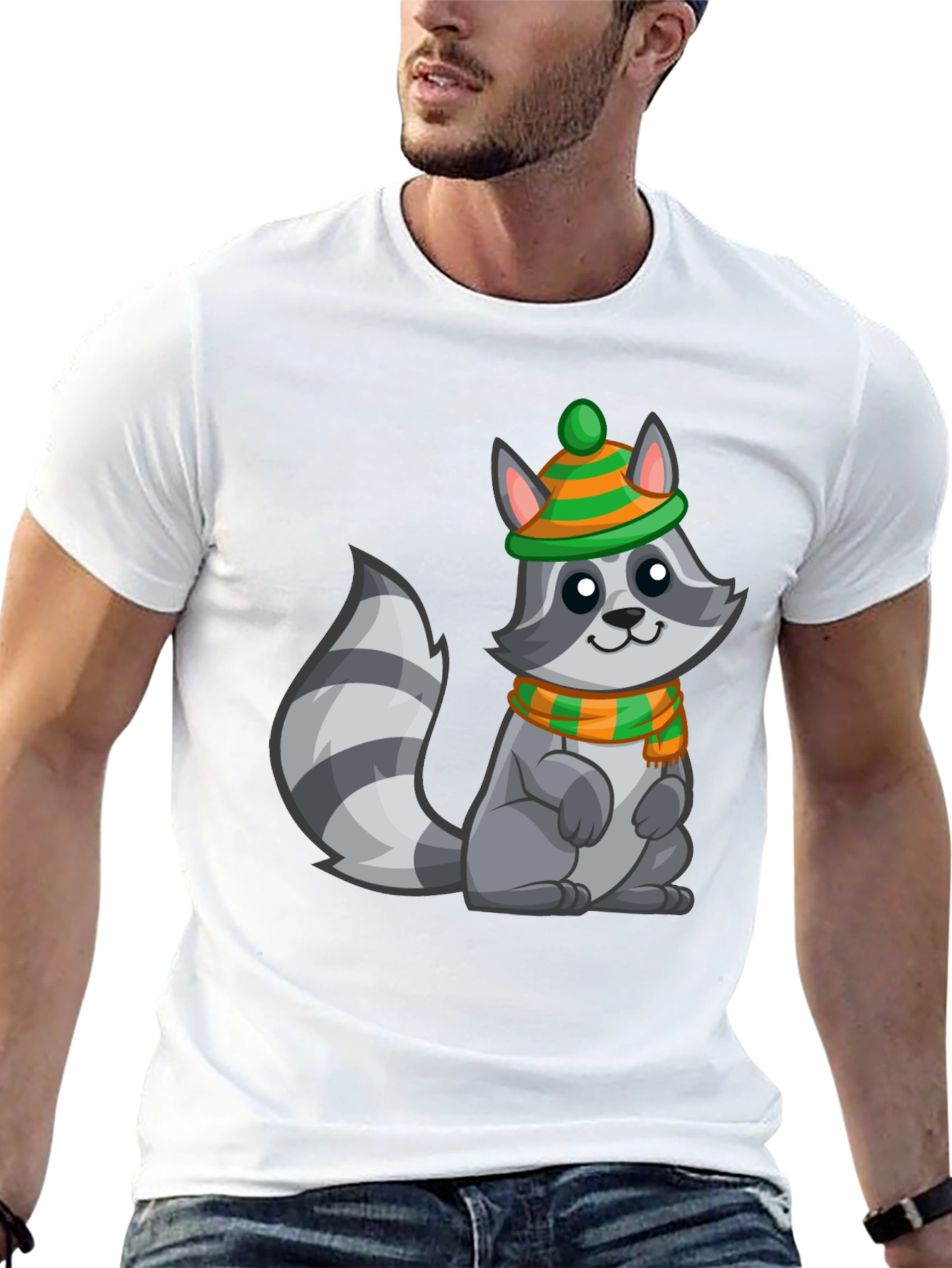 Black Cute Raccoon T-Shirt with Winter Hat and Scarf - Unisex Tee view 13