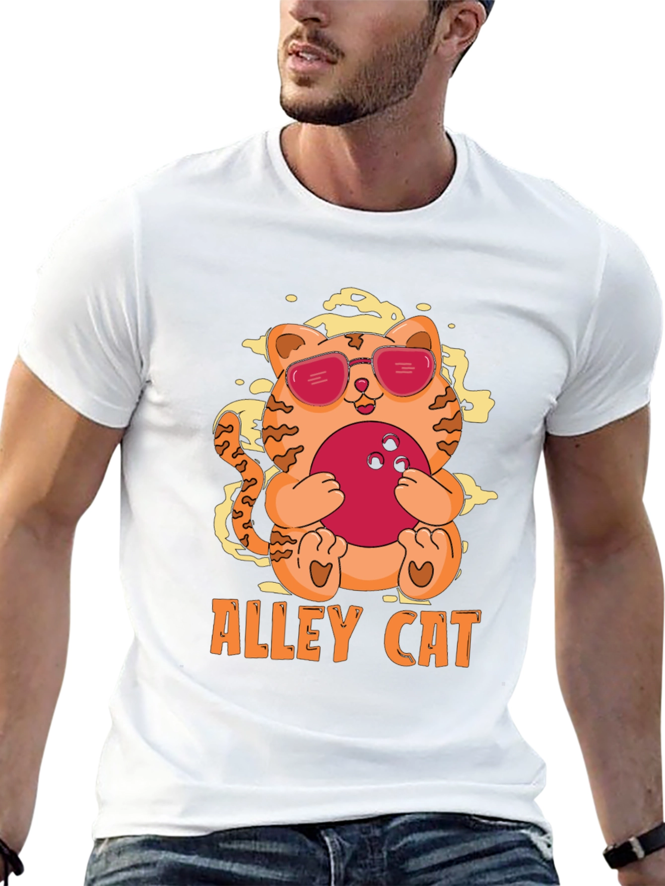 Black Alley Cat Bowling T-Shirt - Cool Kitten Design view 13