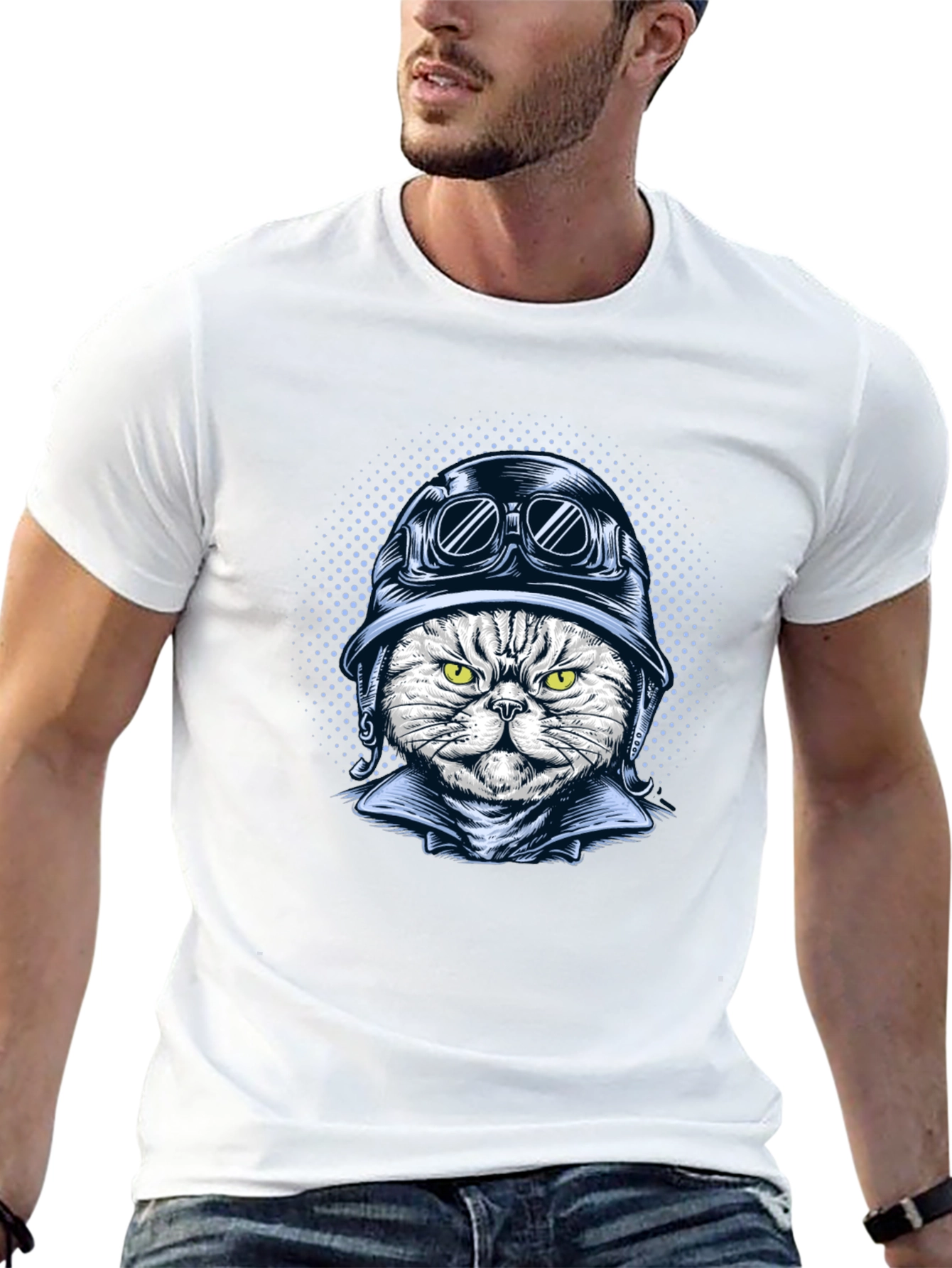 Black Cool Cat Biker Graphic T-Shirt - Black Cotton Tee view 13