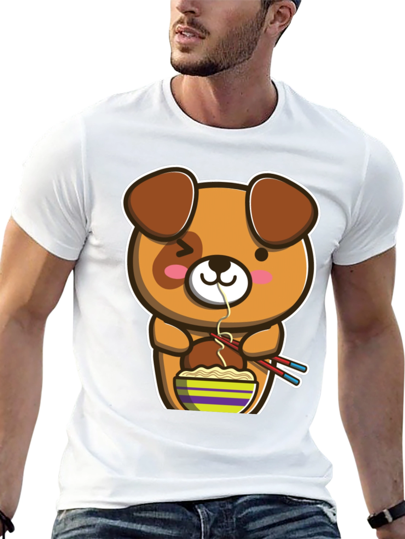 Black Cute Cartoon Dog Ramen T-Shirt view 13