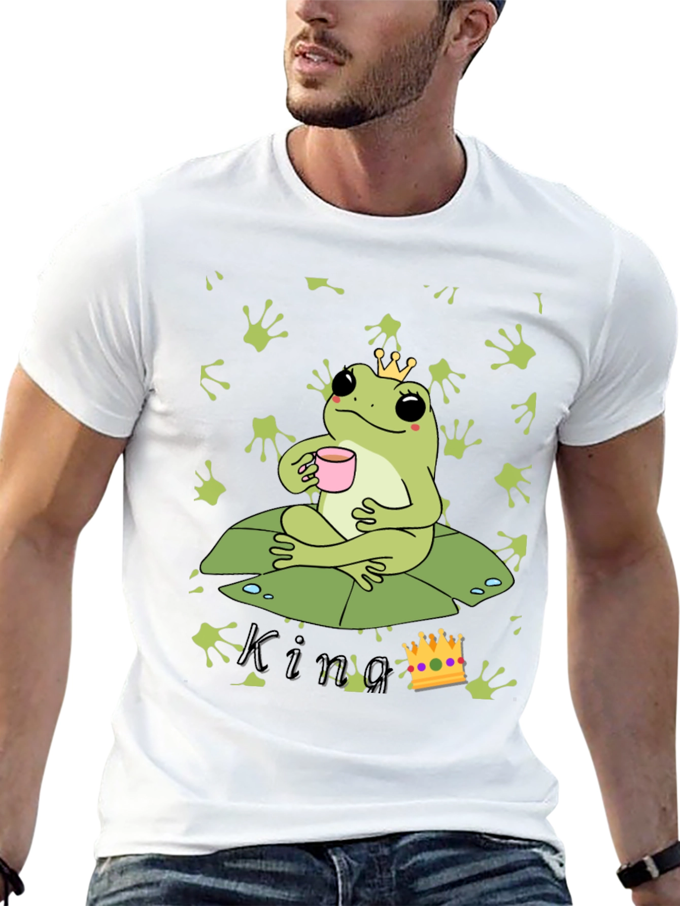 Black Frog King T-Shirt - Cute Frog with Crown Drinking Tea view 13