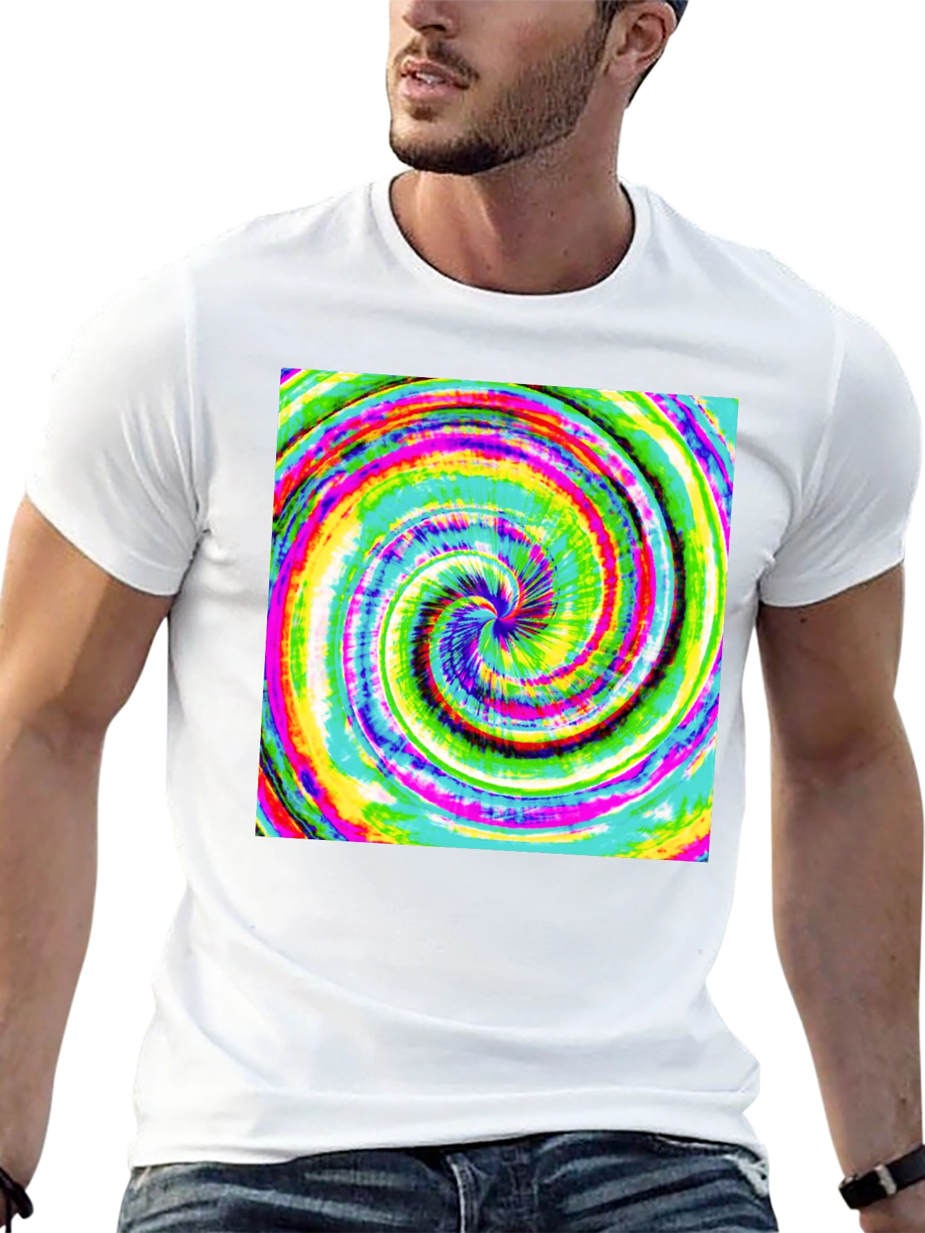 Black Psychedelic Swirl Tee - Vivid Rainbow Vortex Design view 13