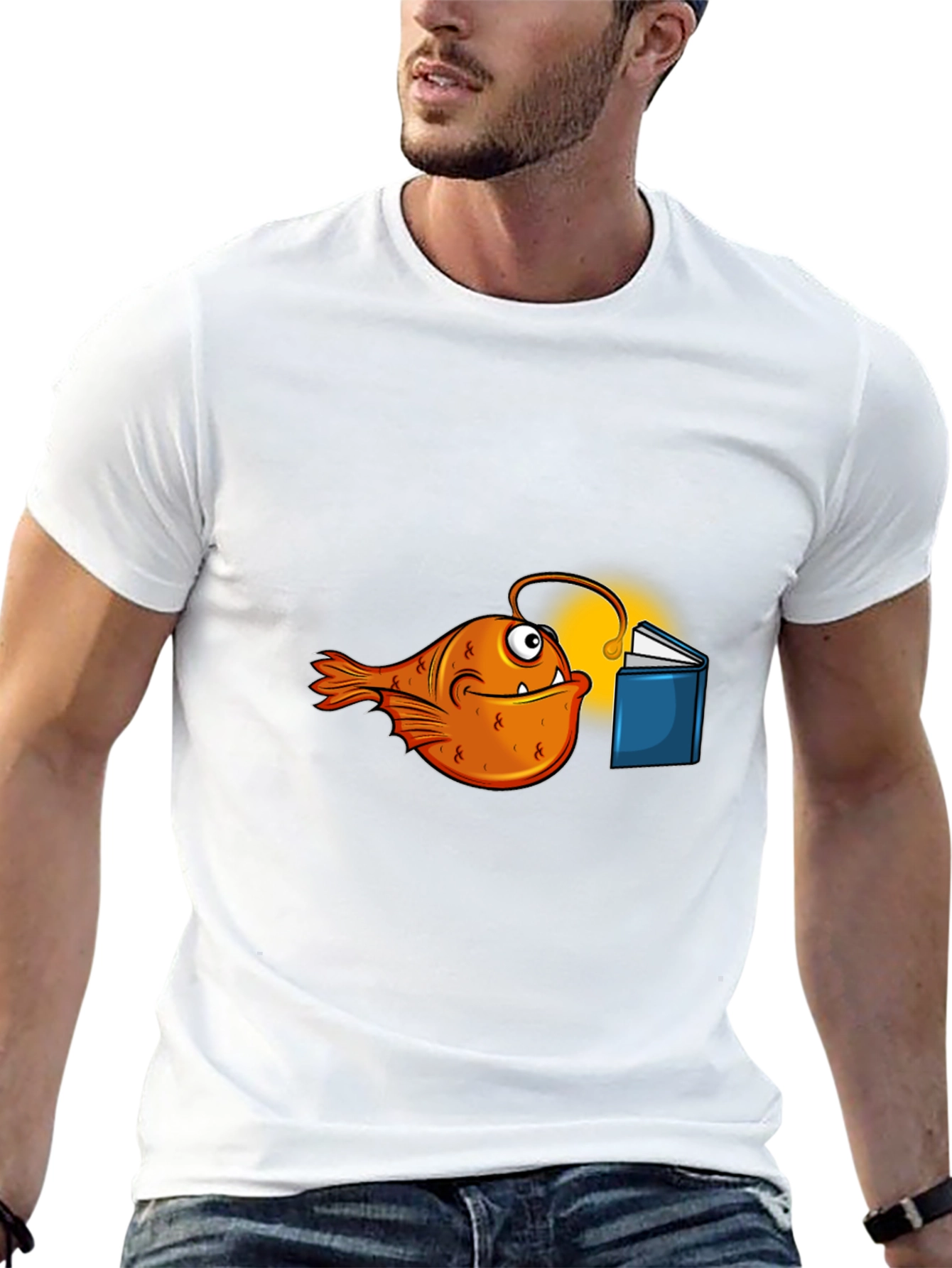 Black Anglerfish Reading Book Graphic T-Shirt view 13
