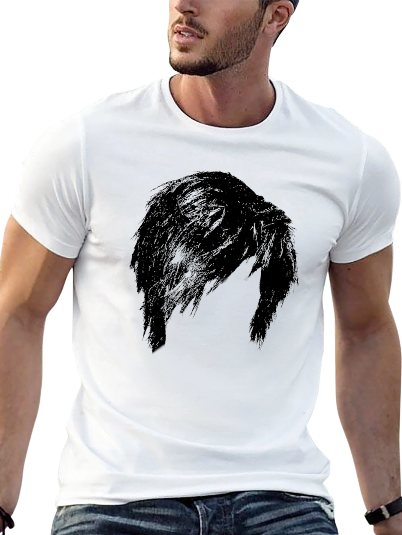 Black Men's Black Graphic Tee - Mysterious Hair Silhouette Design view 13