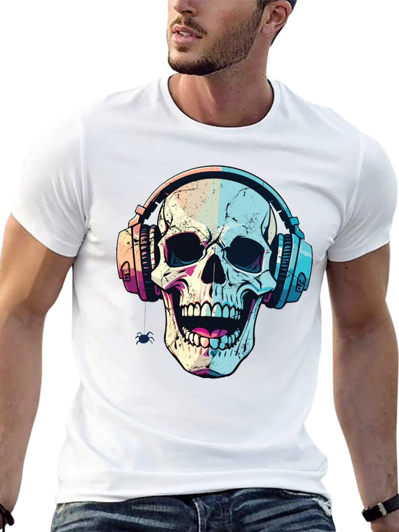 Black Skull with Headphones Graphic Tee - Trendy Music Lover Shirt view 13