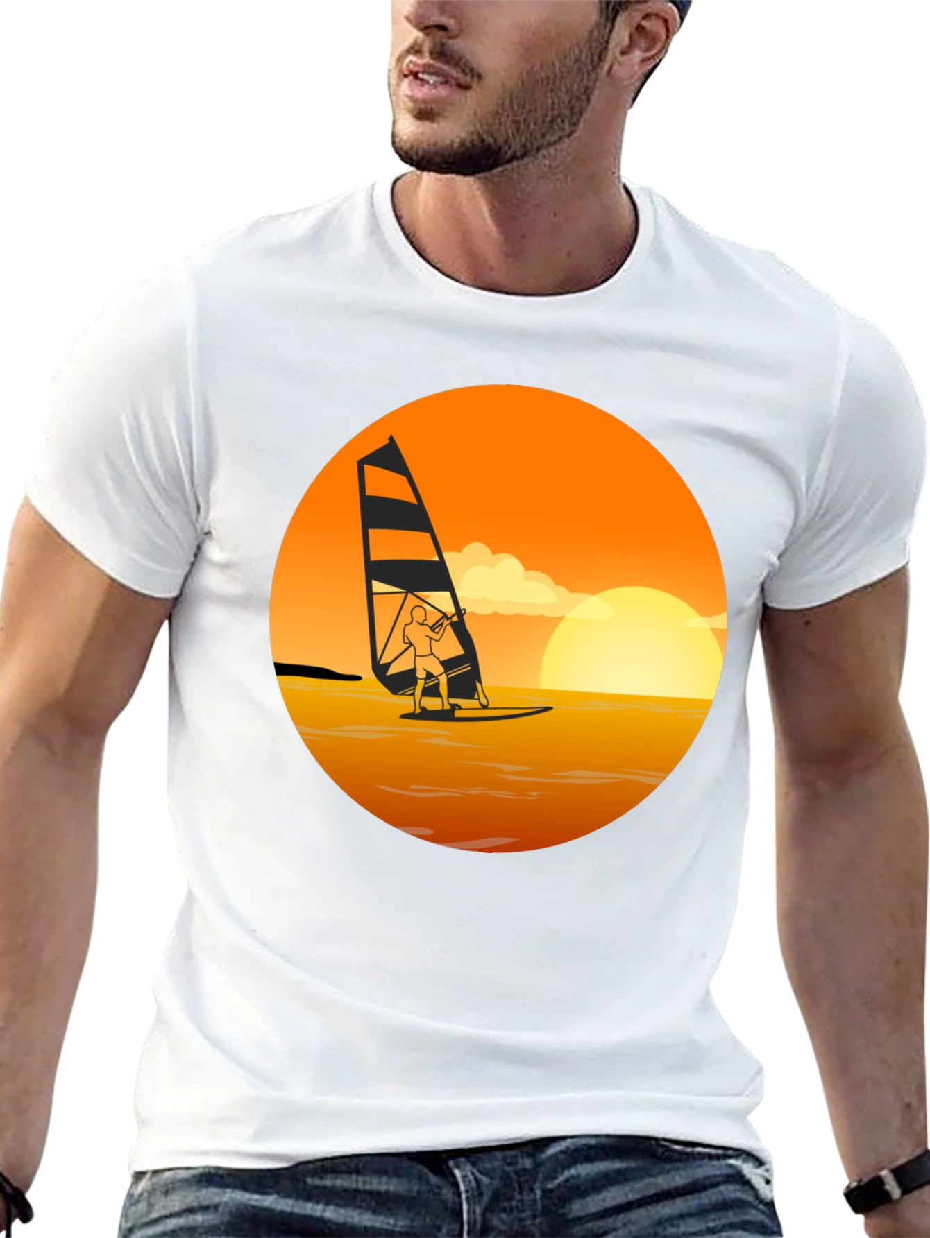 Black Windsurfing Sunset Graphic Tee - Black Cotton T-Shirt view 13