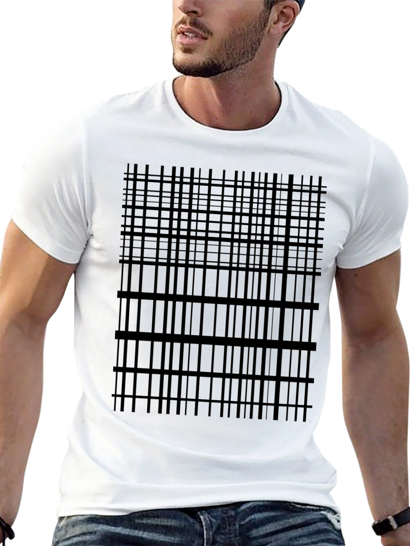 Black Geometric Grid Tee - Modern Black T-Shirt view 13