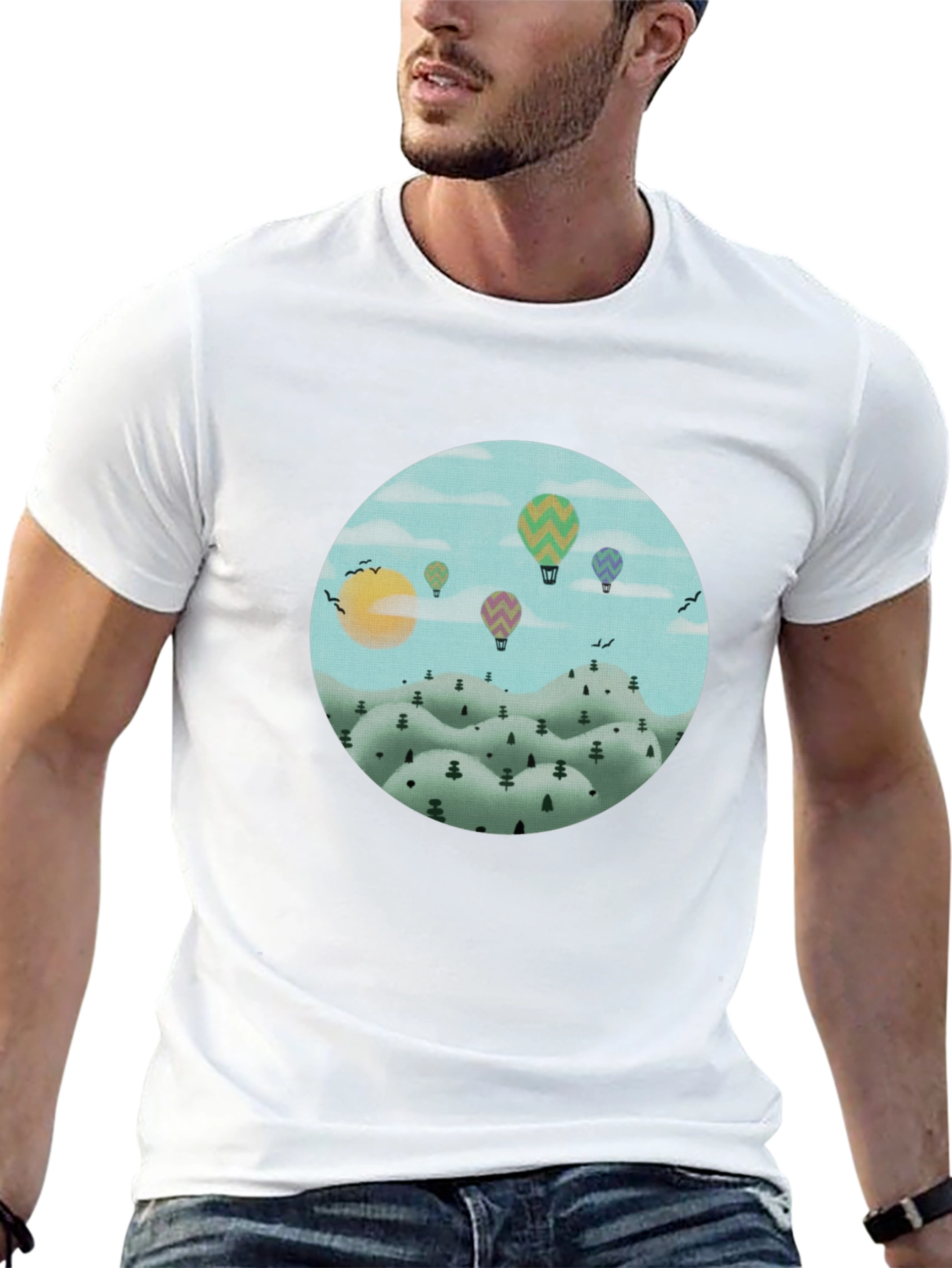 Black Hot Air Balloon Landscape Graphic Tee - Black Cotton view 13