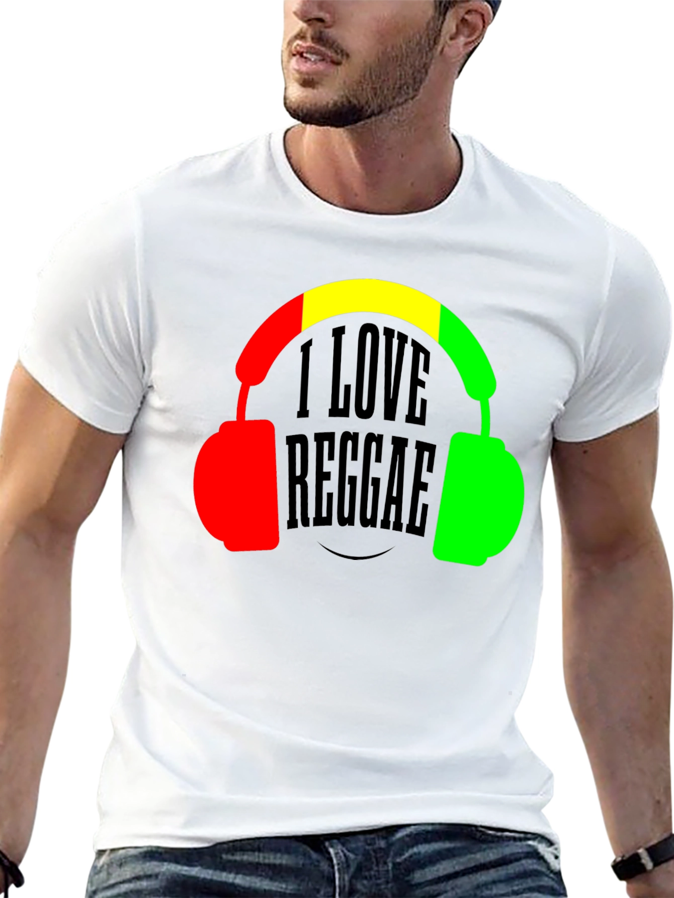 Black I Love Reggae T-Shirt Headphones Jamaican Colors view 13