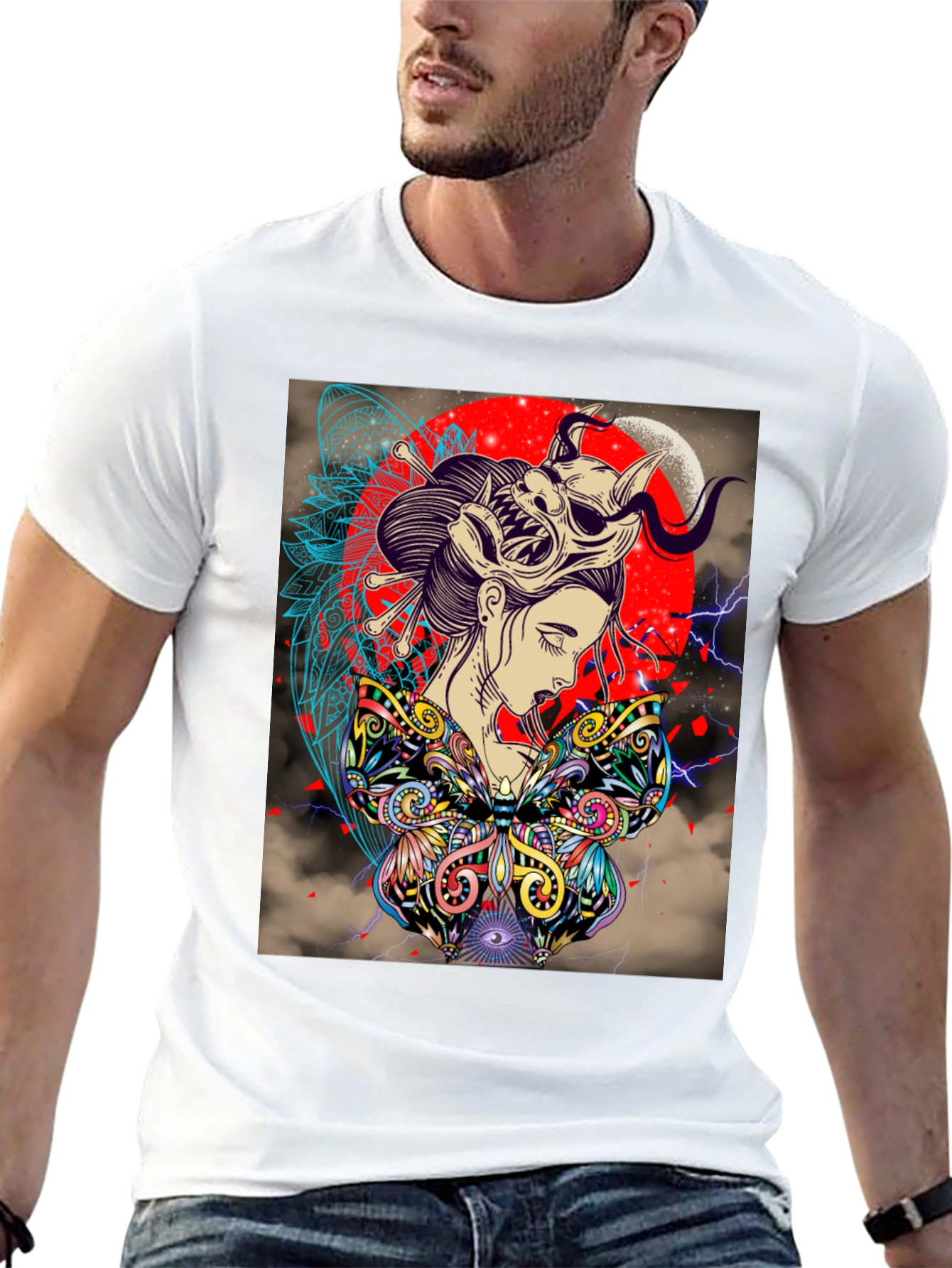 Black Geisha Mask Graphic Print Black T-Shirt view 13