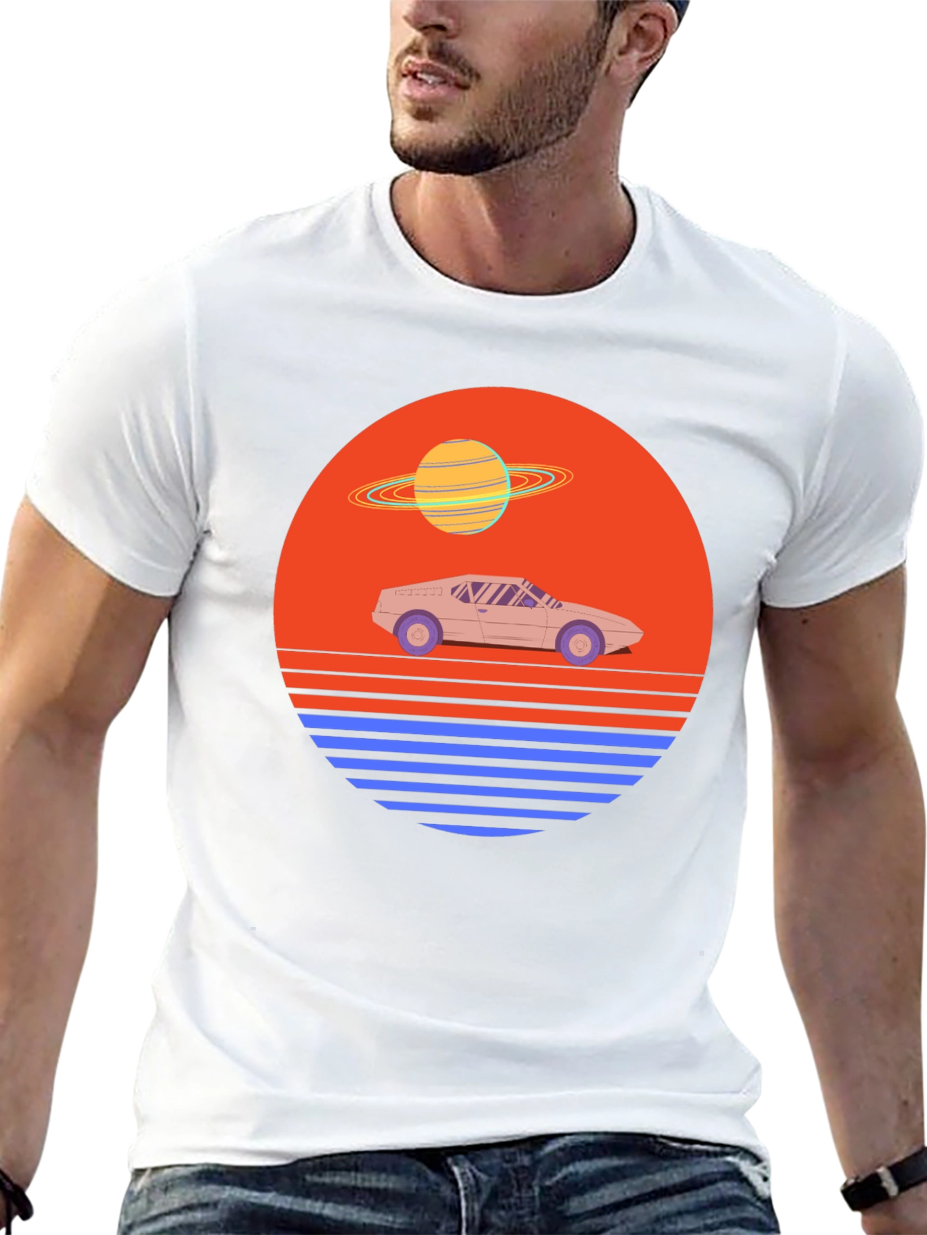 Black Retro Synthwave Car T-Shirt view 13