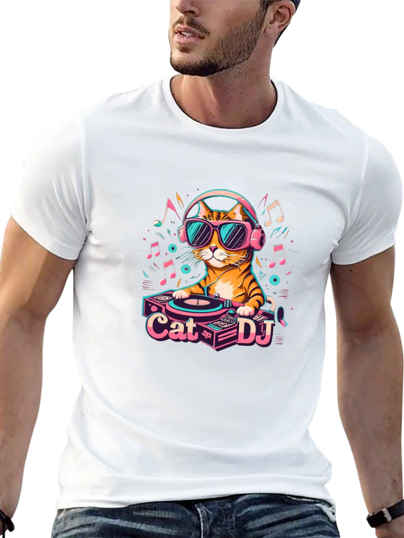 Black Cool Cat DJ Graphic T-Shirt - Unisex view 13