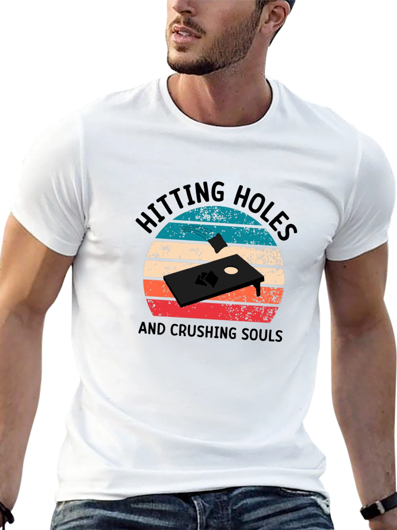 Black Hitting Holes Cornhole T-Shirt view 13