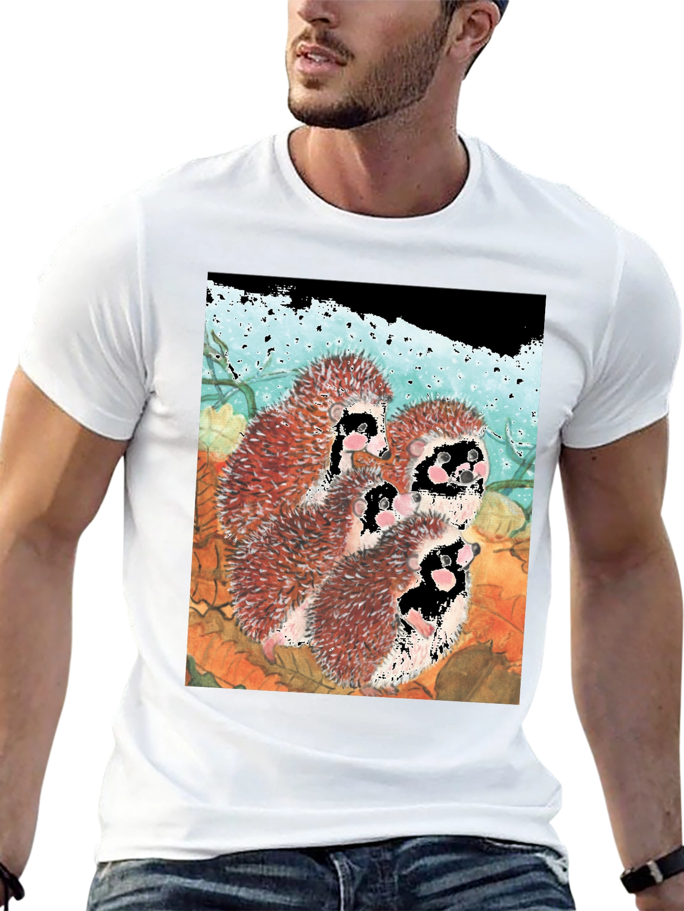 Black Hedgehog Family T-Shirt - Black Cotton Tee view 13