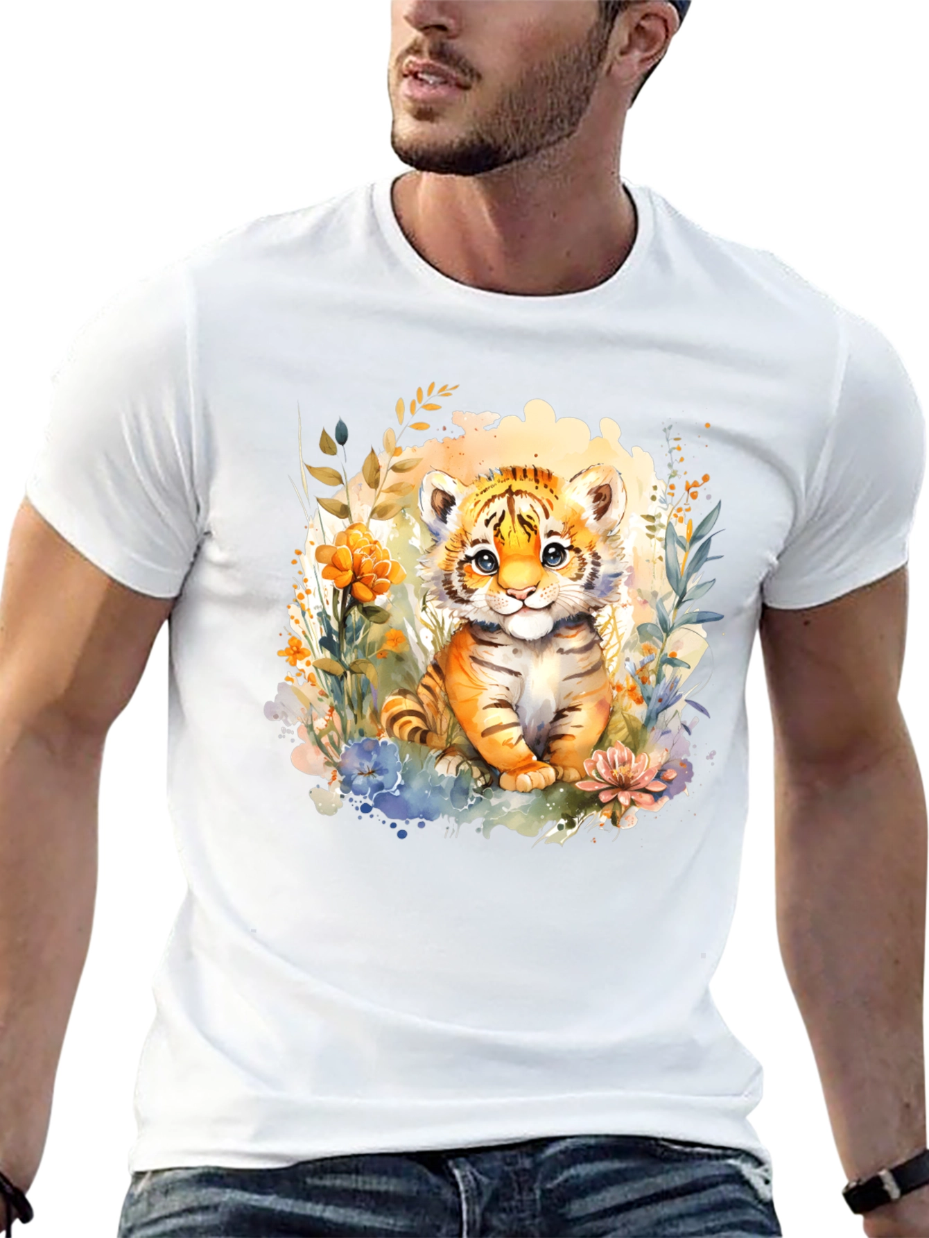 Black Cute Tiger Cub Floral Graphic T-Shirt view 13