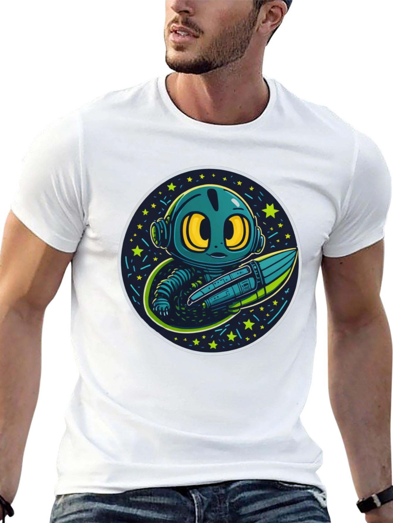 Black Cartoon Alien Rocket Black T-Shirt view 13