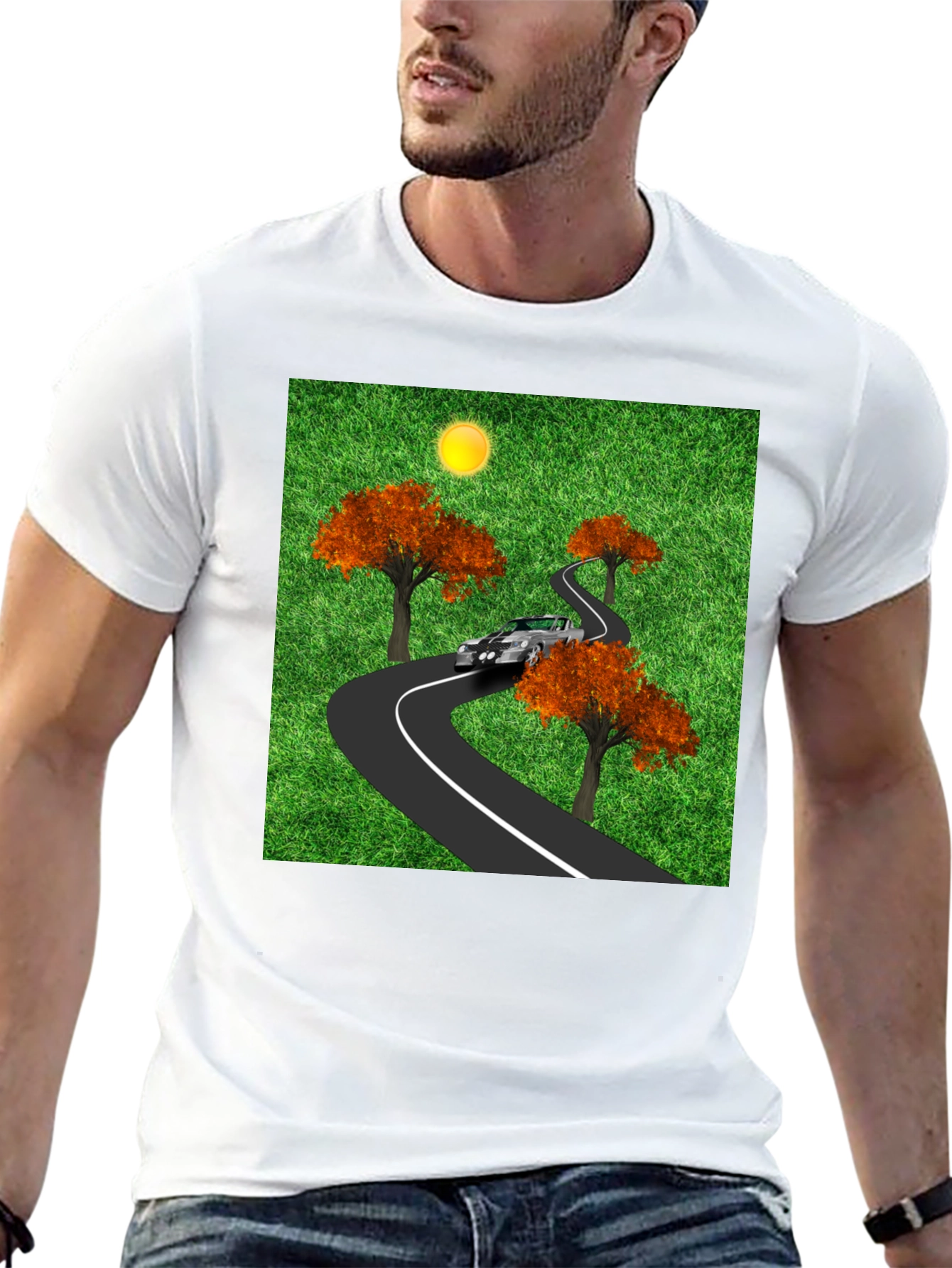 Black Road Trip T-Shirt - Car, Trees, and Scenic Route view 13