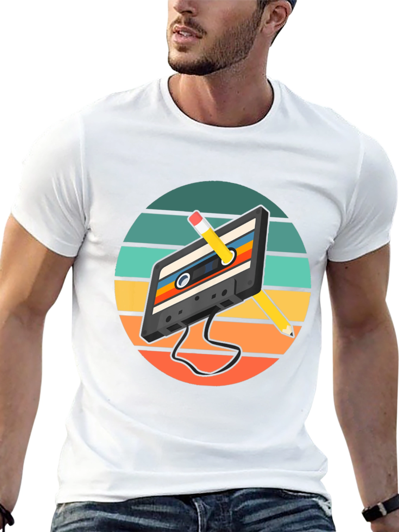 Black Retro Cassette Tape & Pencil Graphic Tee view 13