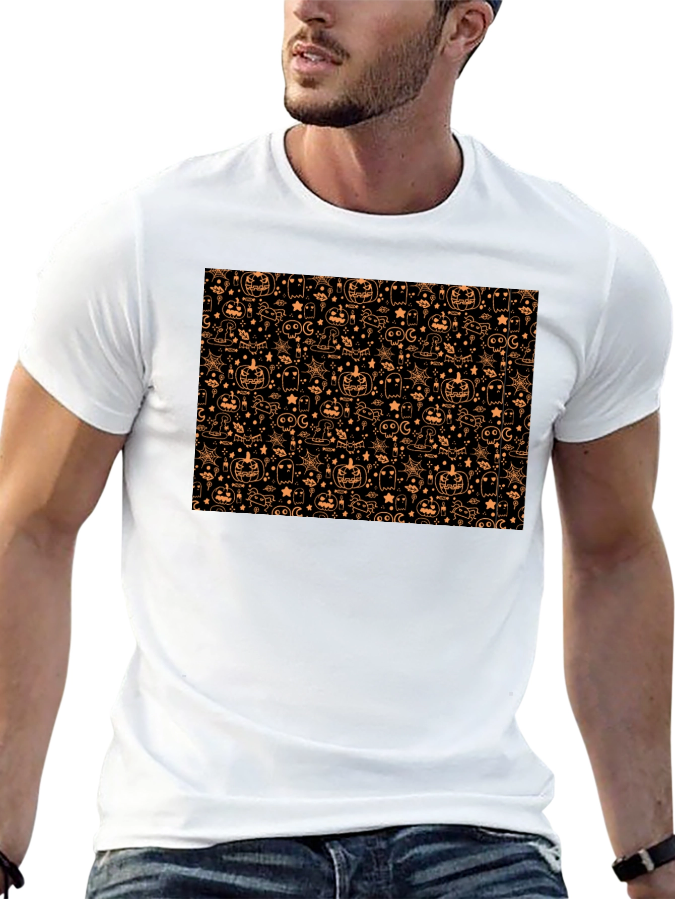 Black Halloween Pattern T-Shirt - Spooky Season Style view 13