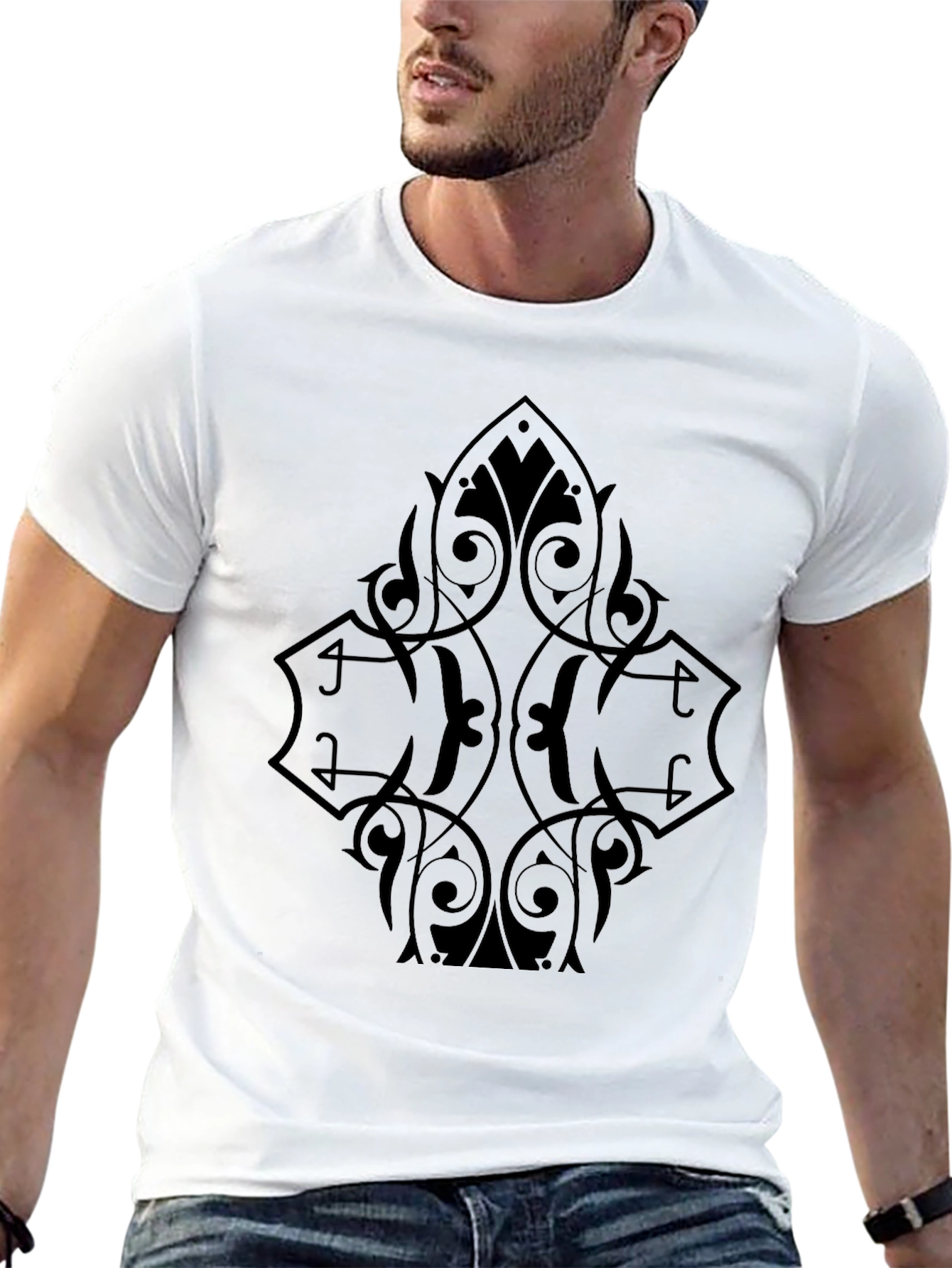 Black Men's Black Graphic Tee - Ornate Diamond Design view 13