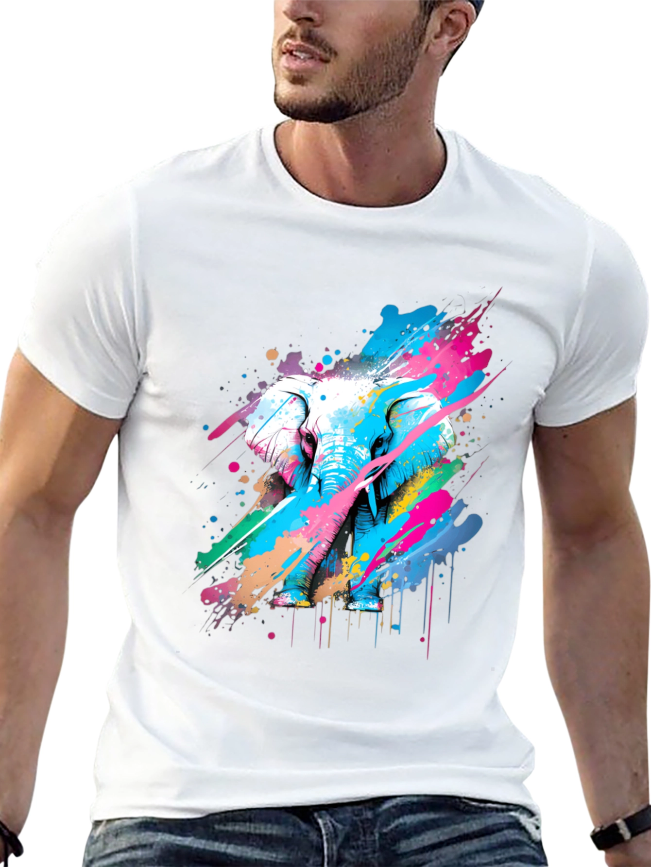 Black Colorful Elephant Graphic T-Shirt - Artistic Design view 13