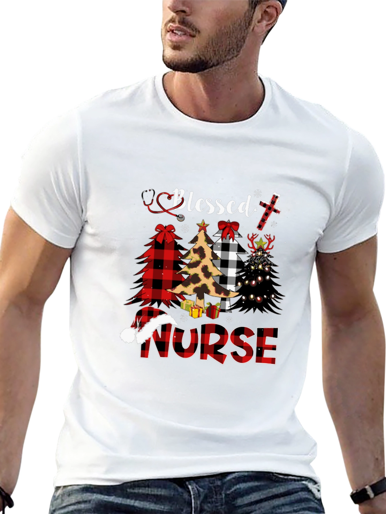 Black Blessed Nurse Christmas Tree Plaid T-Shirt view 13