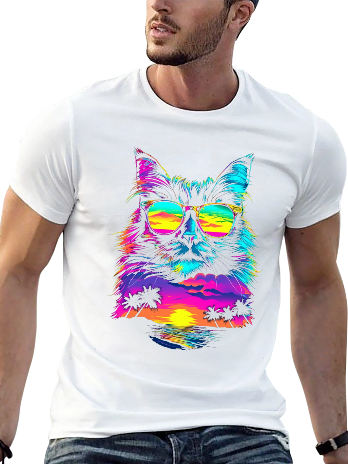 Black Retro Sunset Cat T-Shirt - Vibrant Graphic Tee view 13