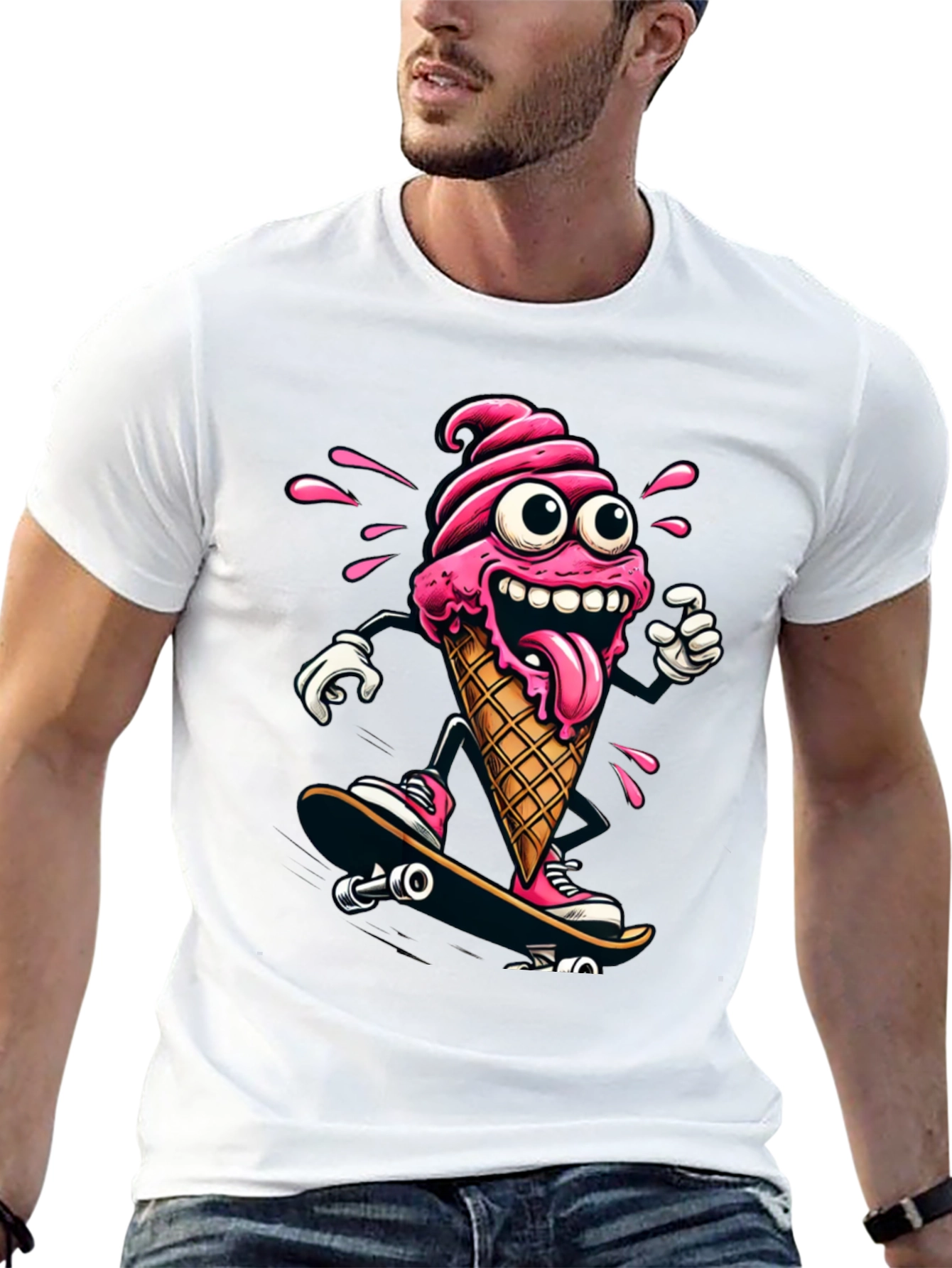 Black Skateboarding Ice Cream T-Shirt - Funny Cartoon Tee view 13