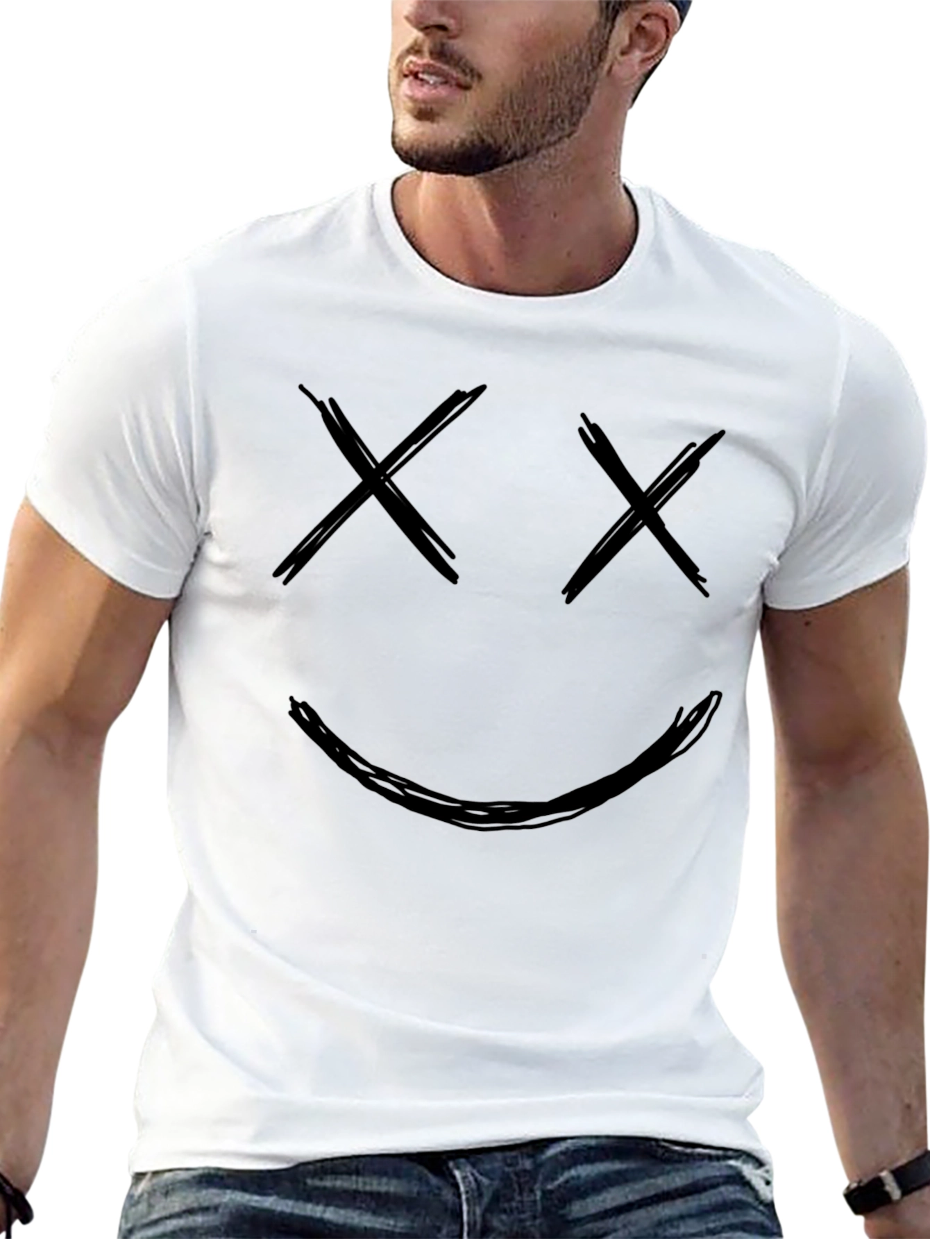 Black Smiley Face Graphic Tee - Black Crew Neck Cotton T-Shirt view 13