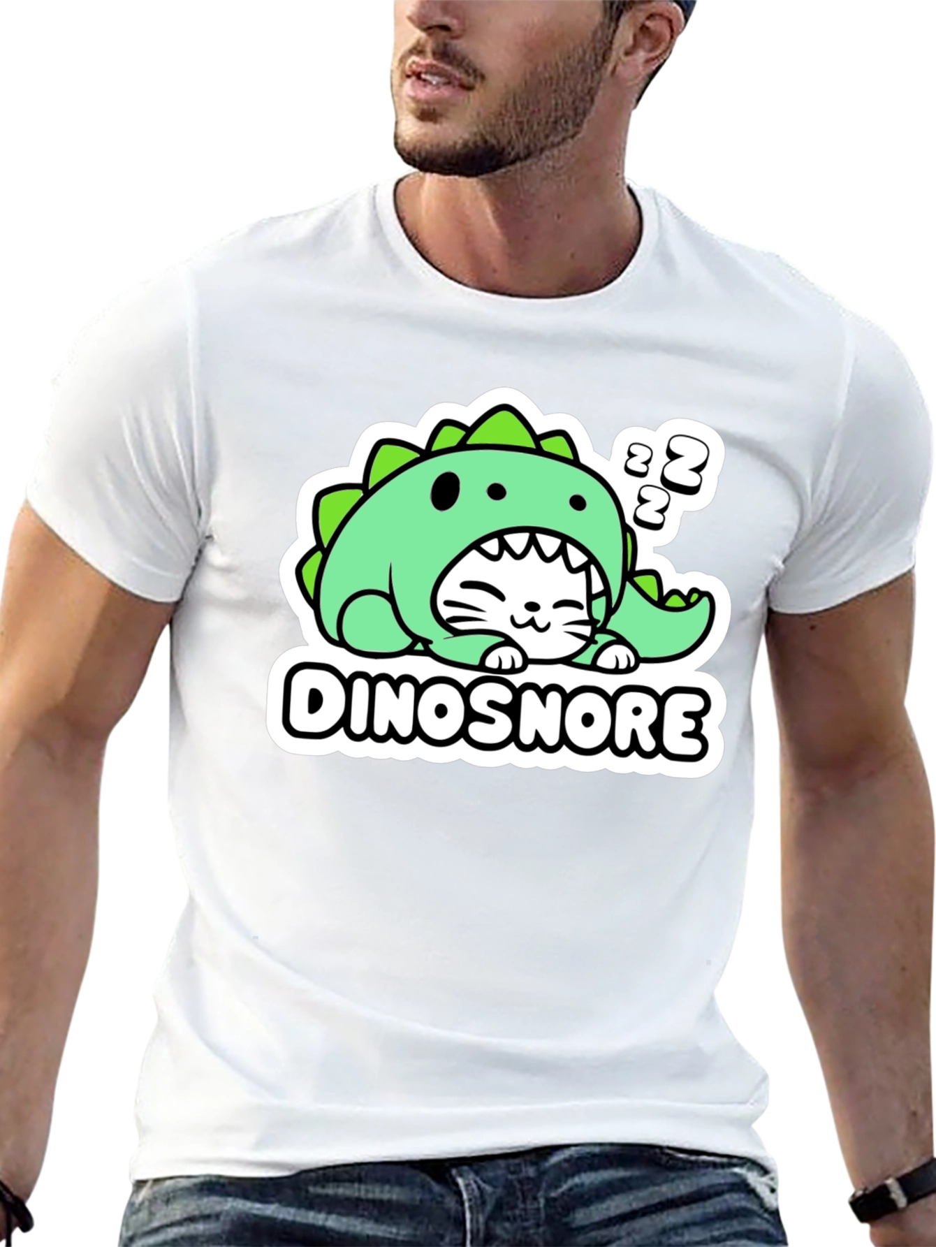 Black Dinosnore Cat T-Shirt - Funny Sleeping Dinosaur Tee view 13