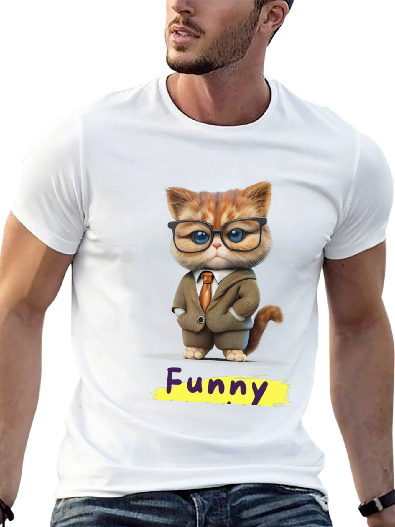Black Funny Cat in Suit Graphic Tee view 13