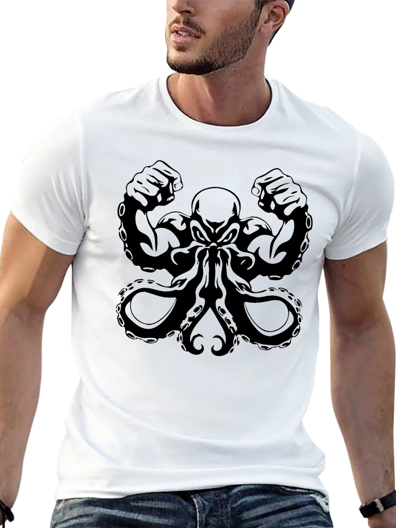 Black Muscular Octopus Graphic T-Shirt - Black view 13